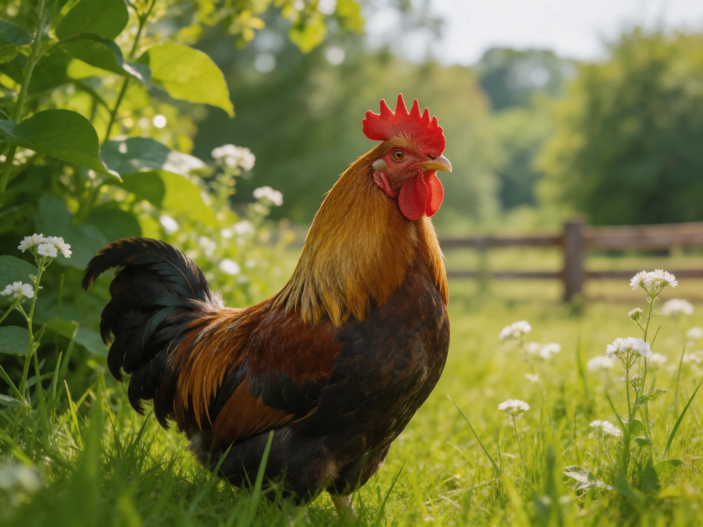 A rooster stands among greenery and wildflowers in a sunlit rural landscape.