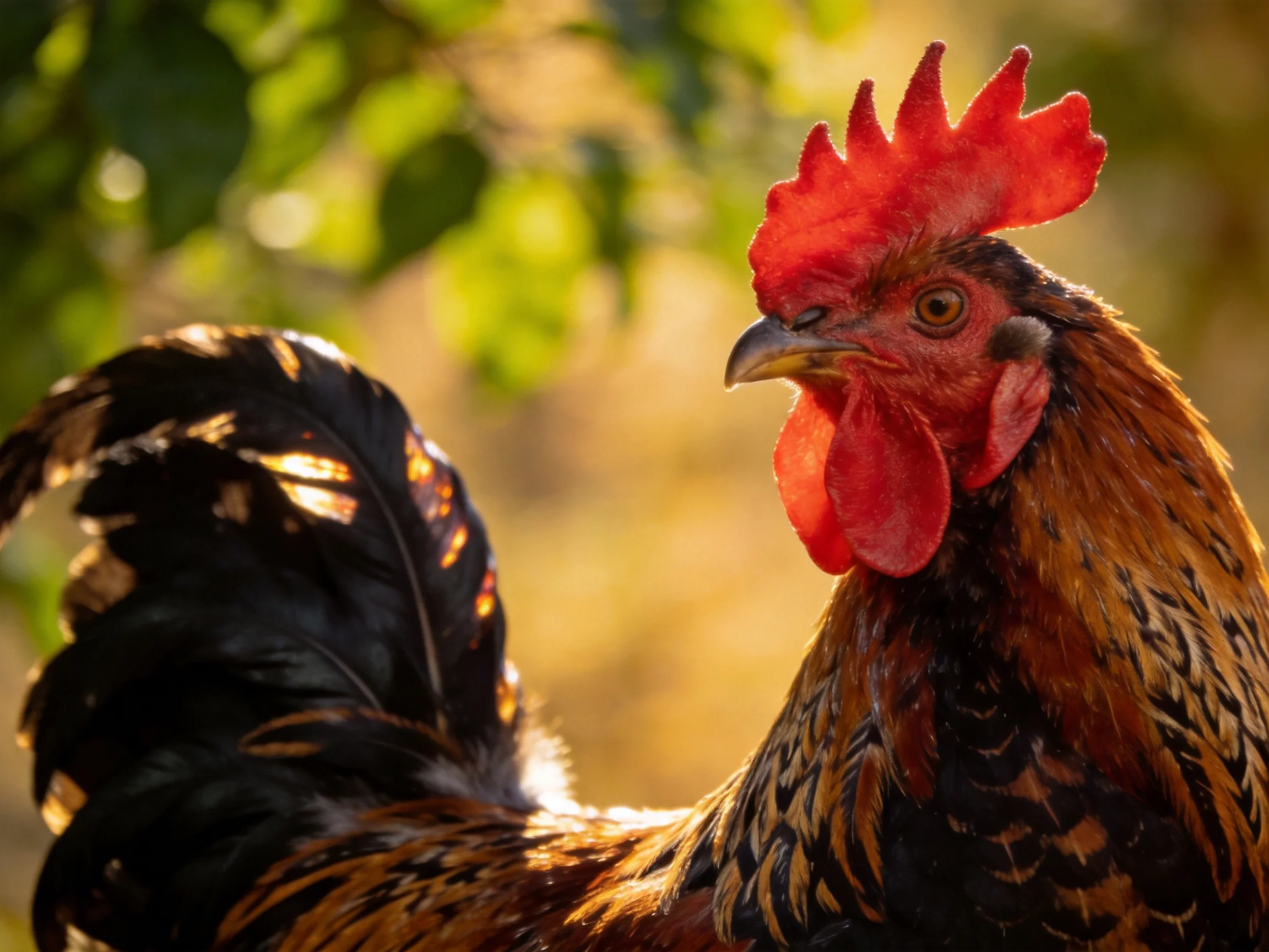 A rooster with a bright red comb is highlighted against a softly blurred green backdrop.