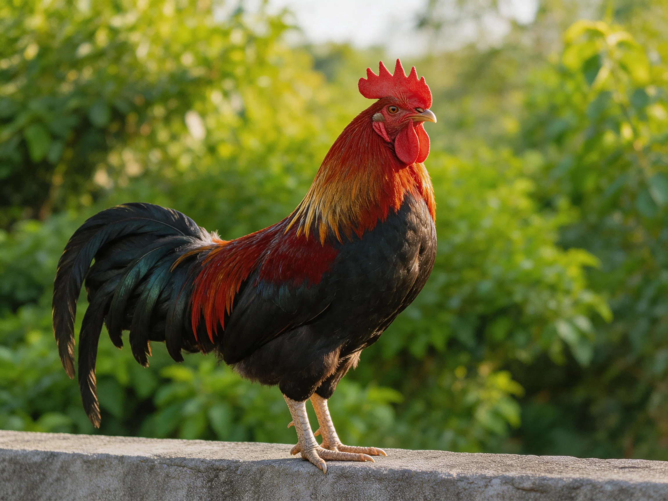 A vibrant rooster with red comb and multicolored plumage perched on a stone ledge