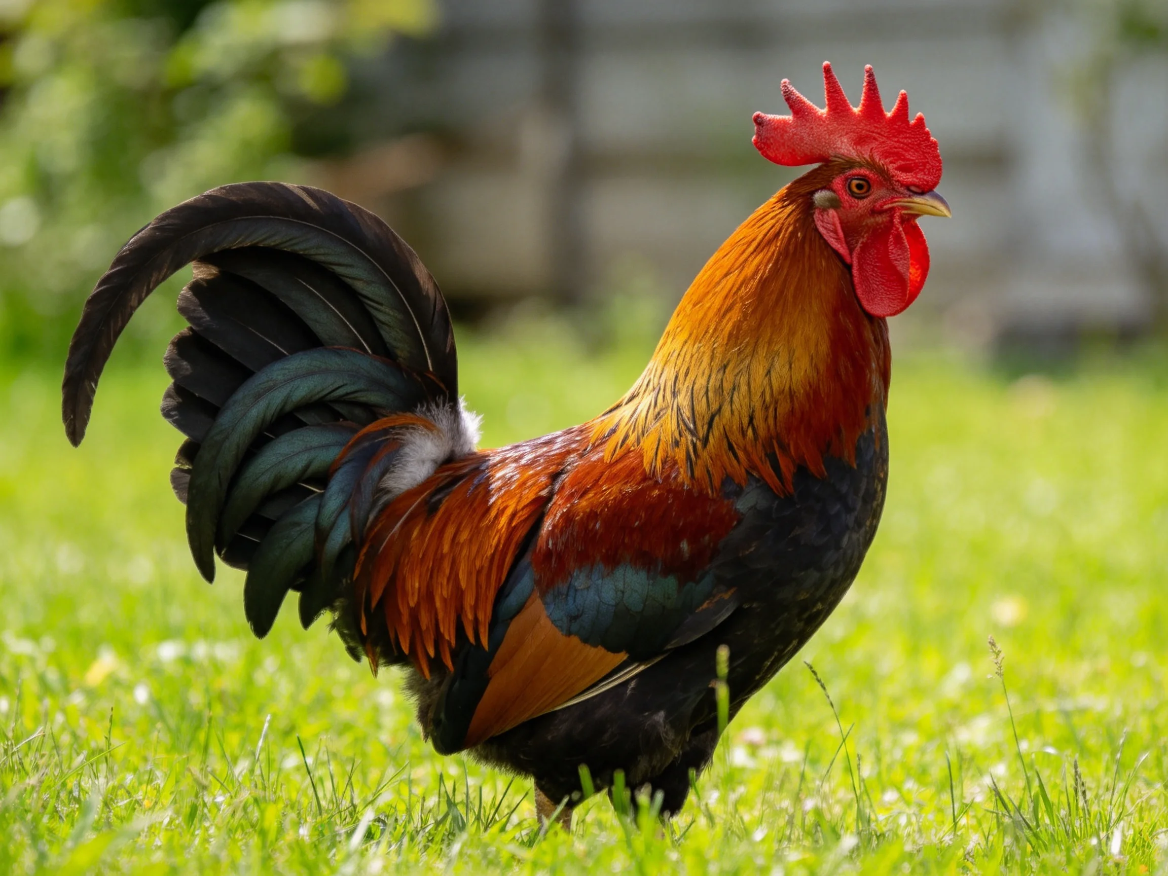 A rooster with bright red comb and varied colored feathers stands on lush green grass.