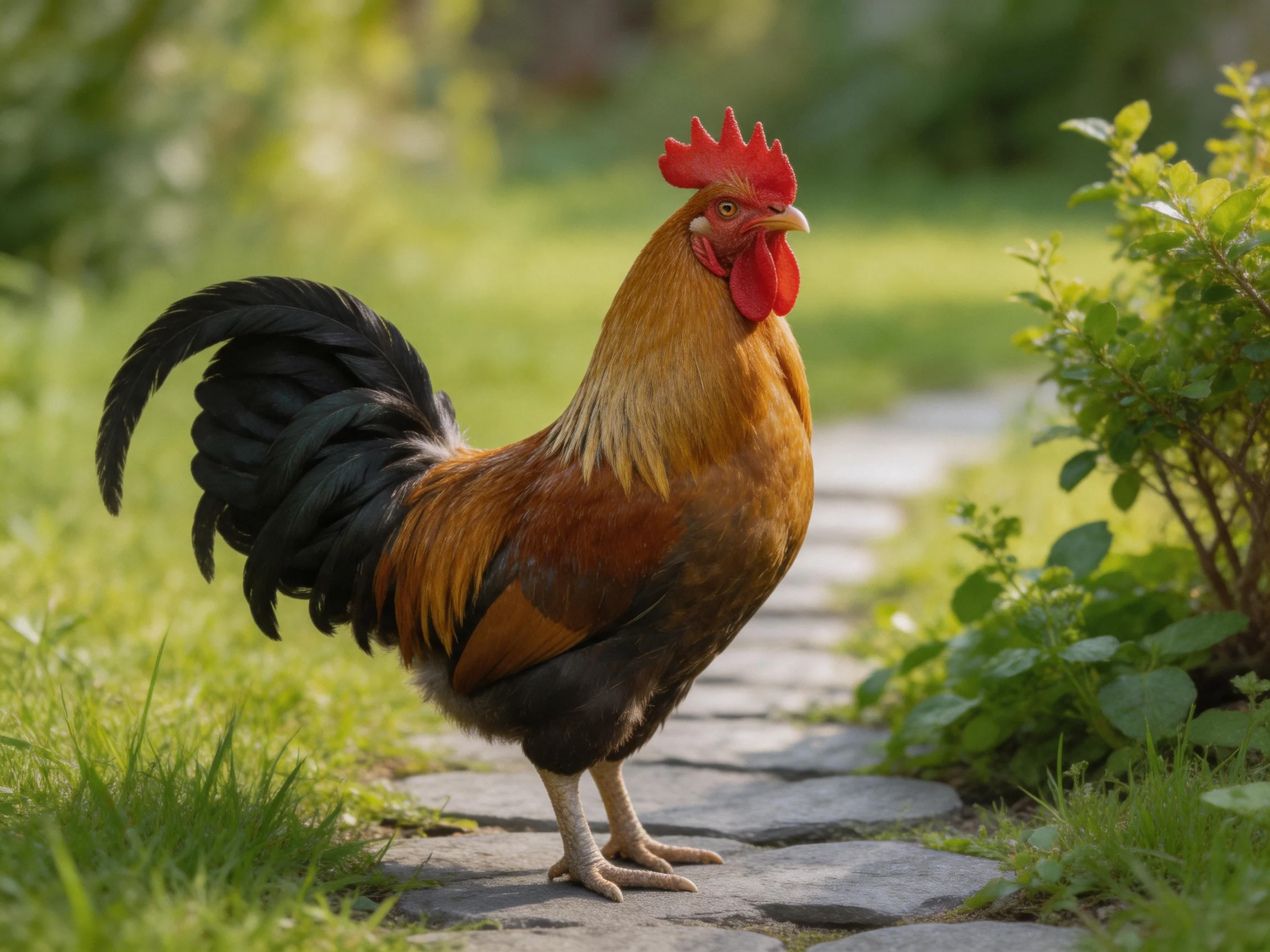 A vibrant rooster with red comb and multicolored plumage stands on a stone path