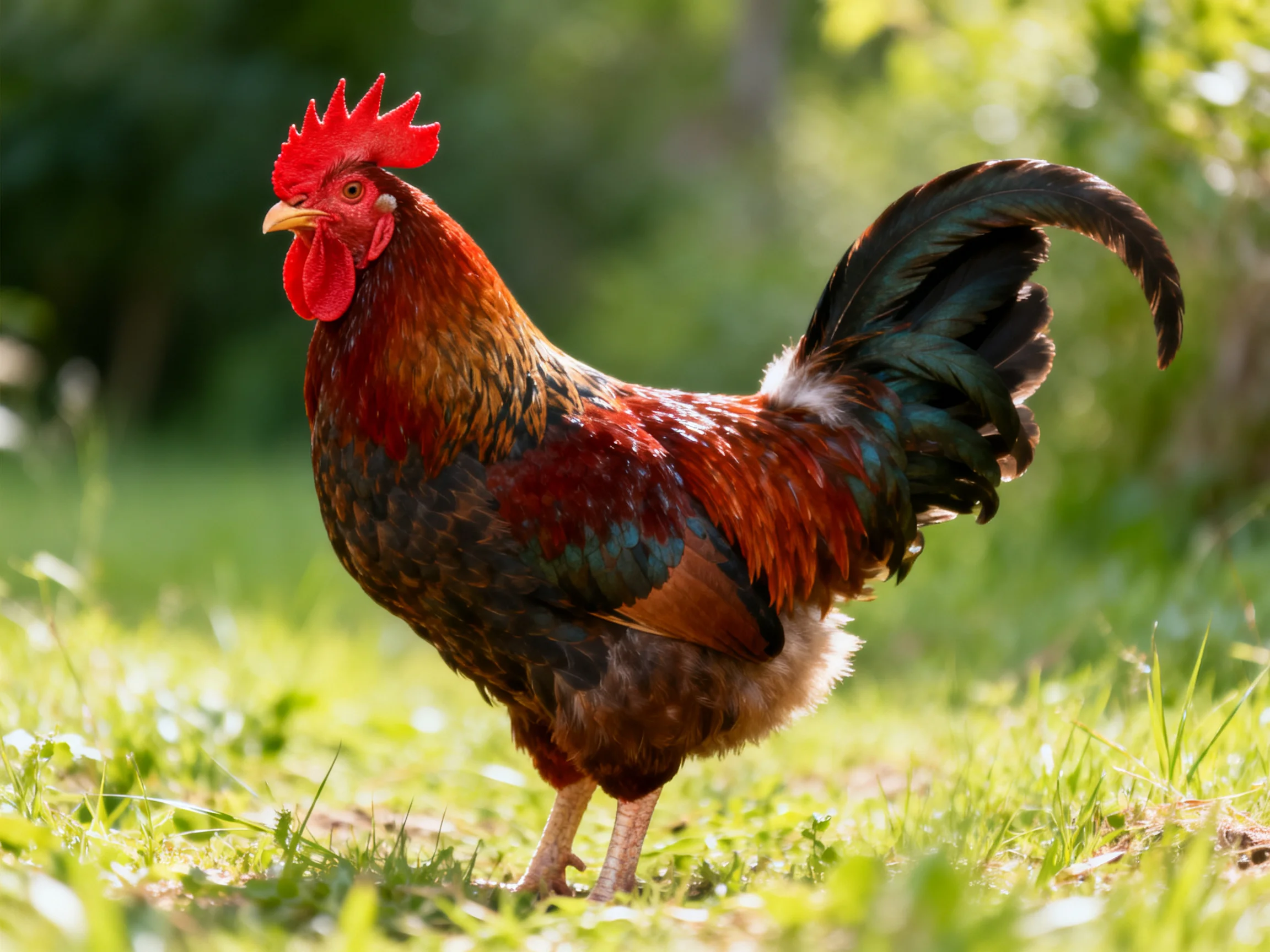 A rooster with colorful plumage stands on grass in a sunlit outdoor setting.