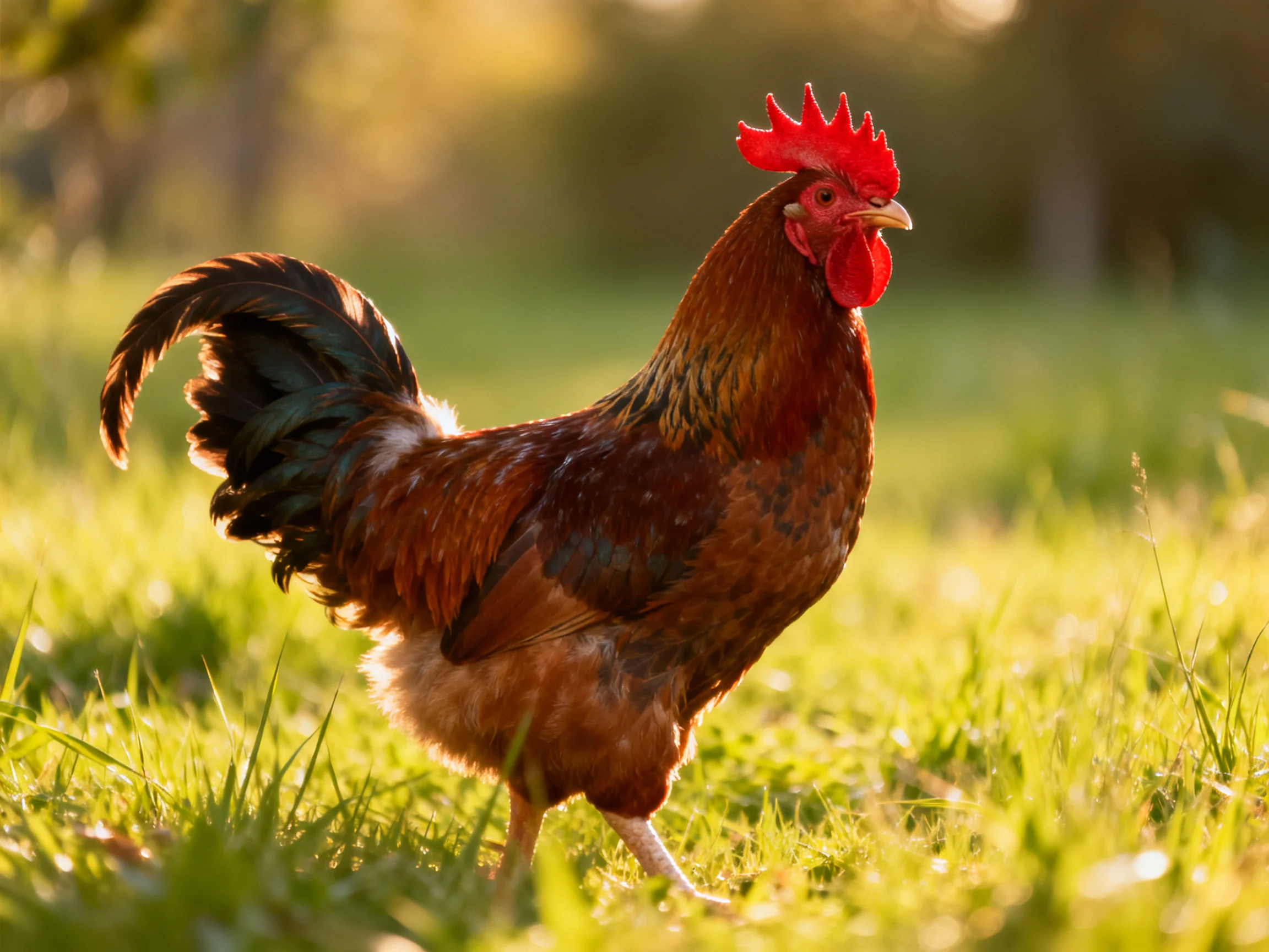 A vibrant rooster with red comb and multicolored plumage walking in sunlit grass