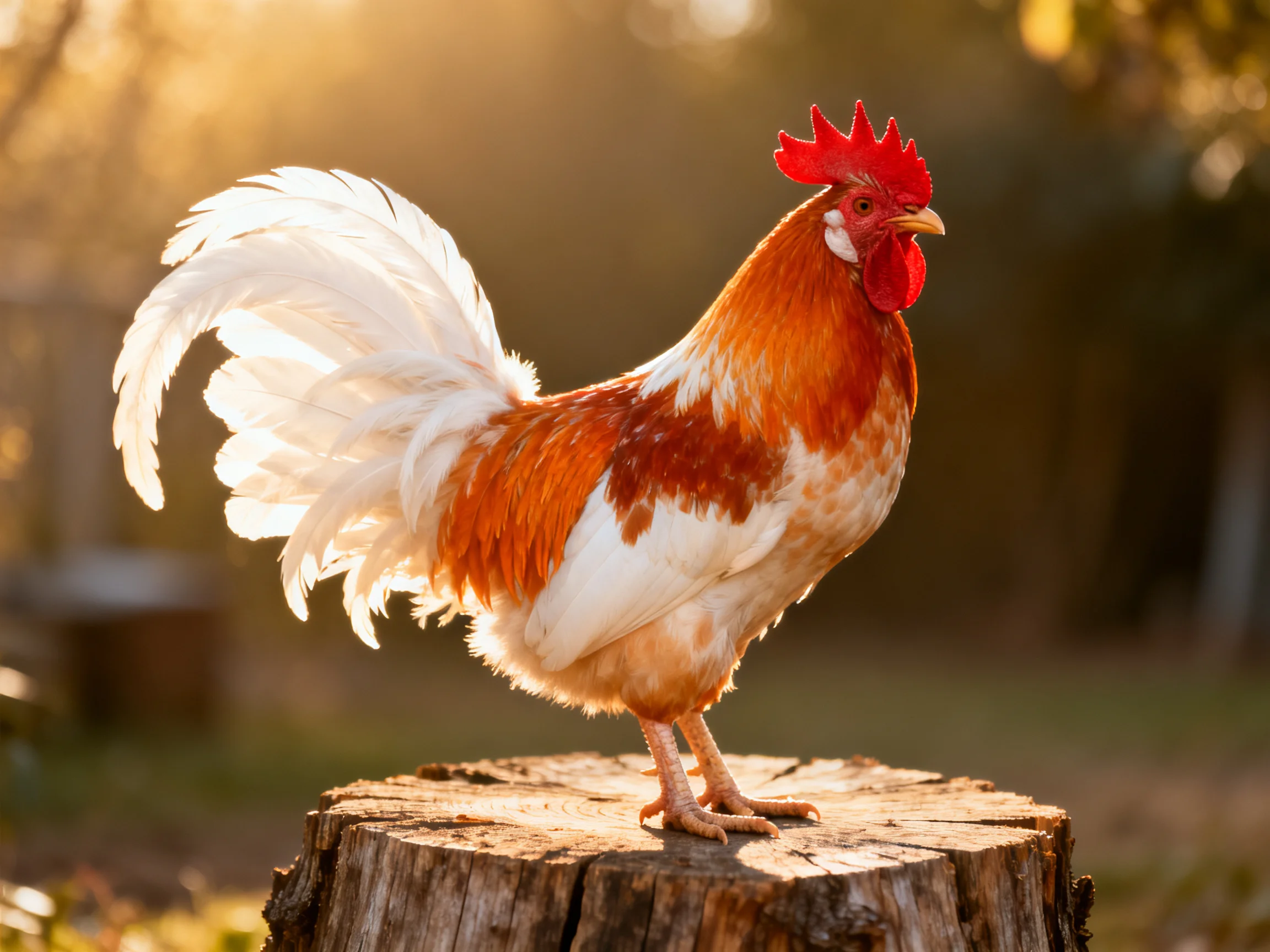 A rooster with colorful plumage stands on a tree stump in a sunlit outdoor environment.