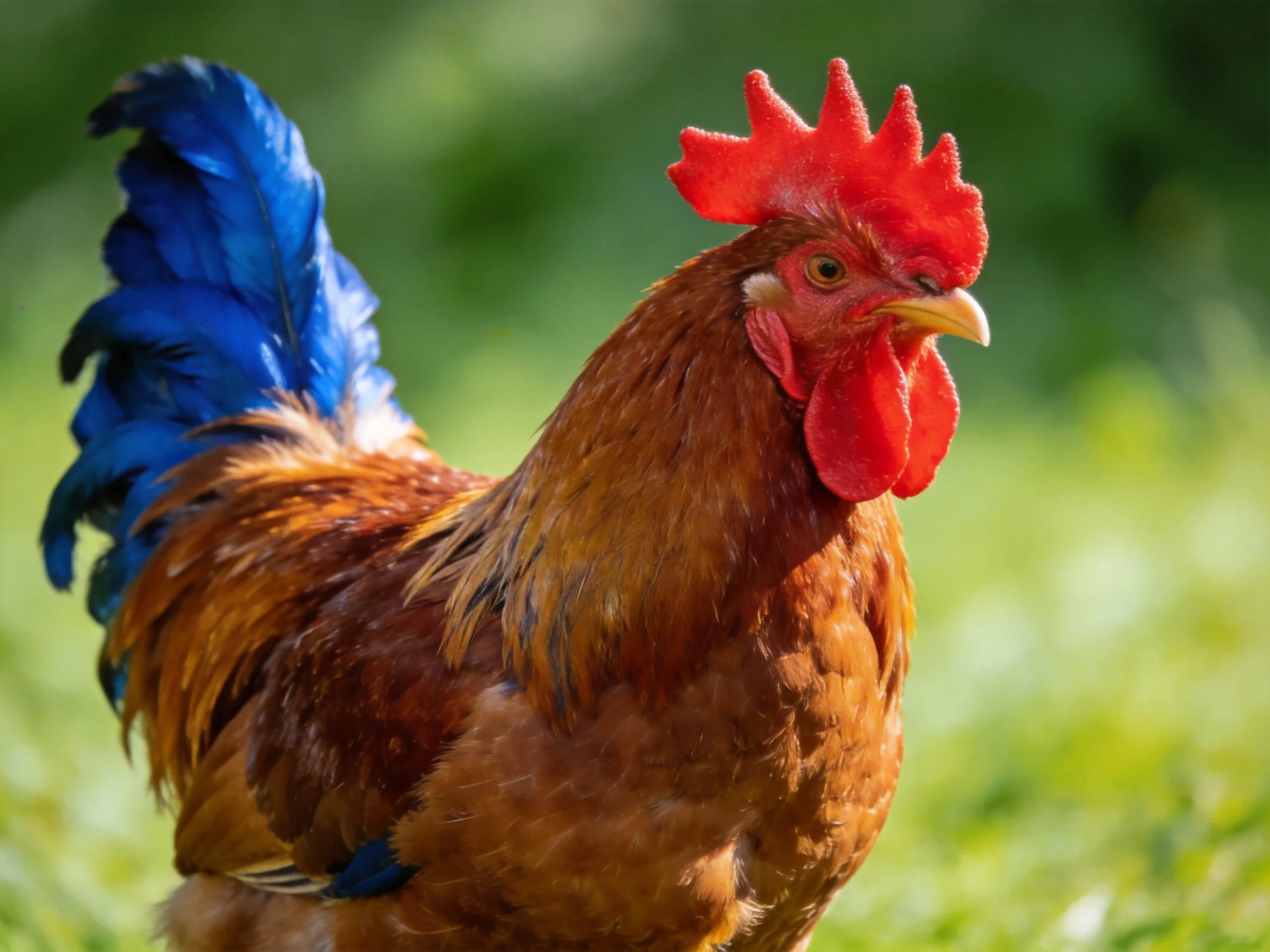 A rooster with a red comb and blue tail stands in a sunlit green outdoor setting.