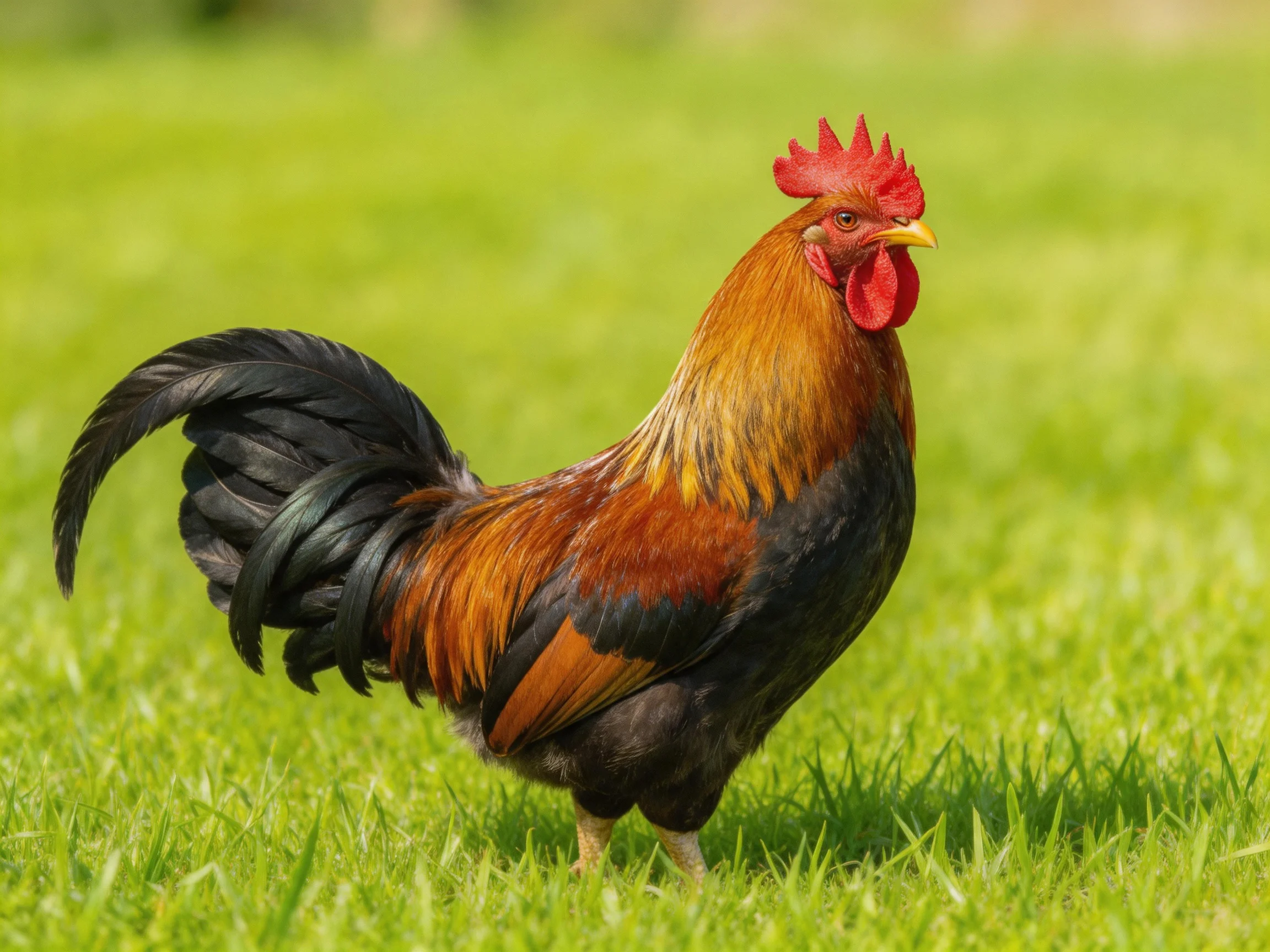 A rooster with colorful plumage stands on bright green grass.