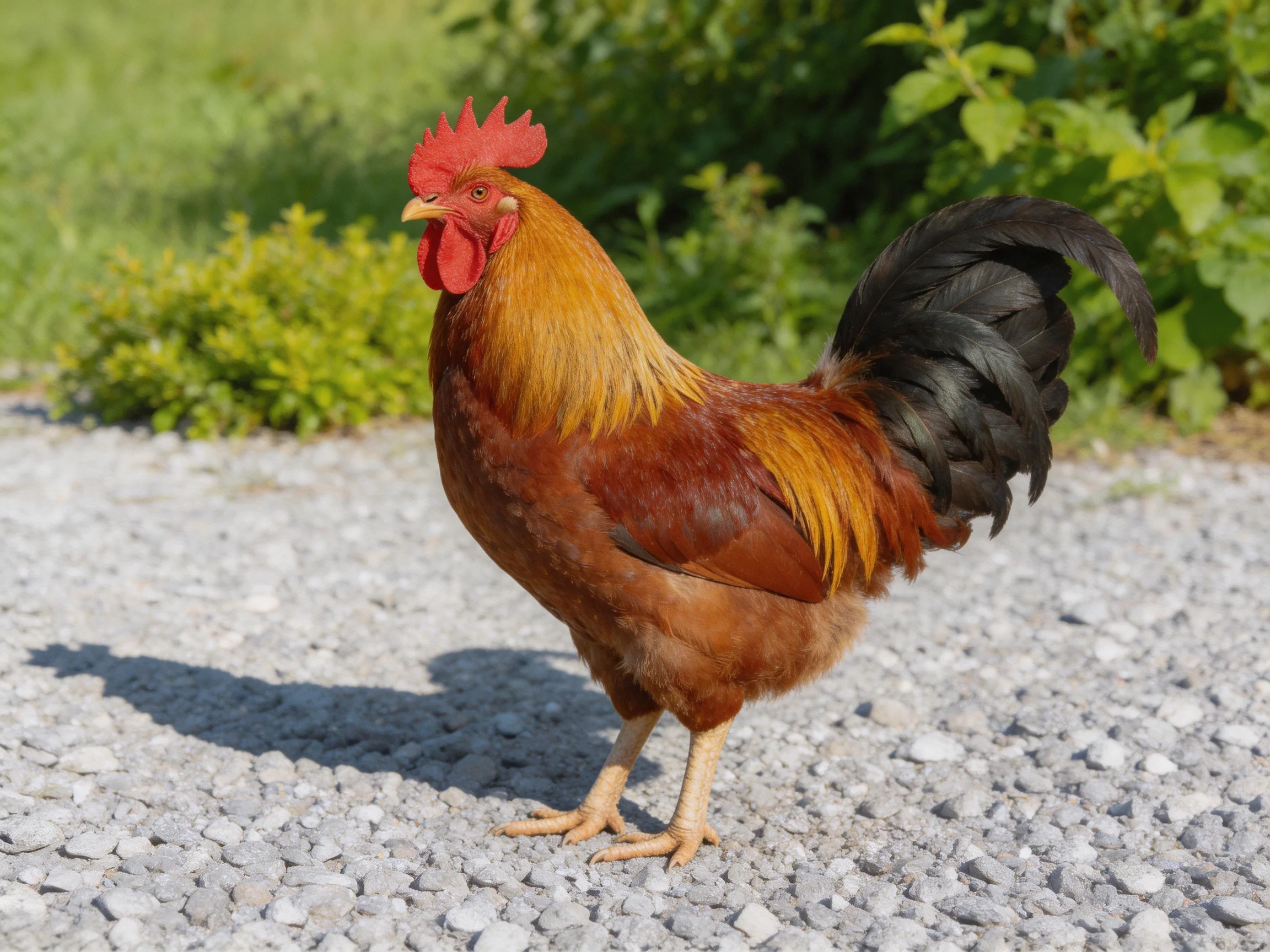 A vibrant rooster with red comb, brown body, and black tail stands on gravel near green foliage