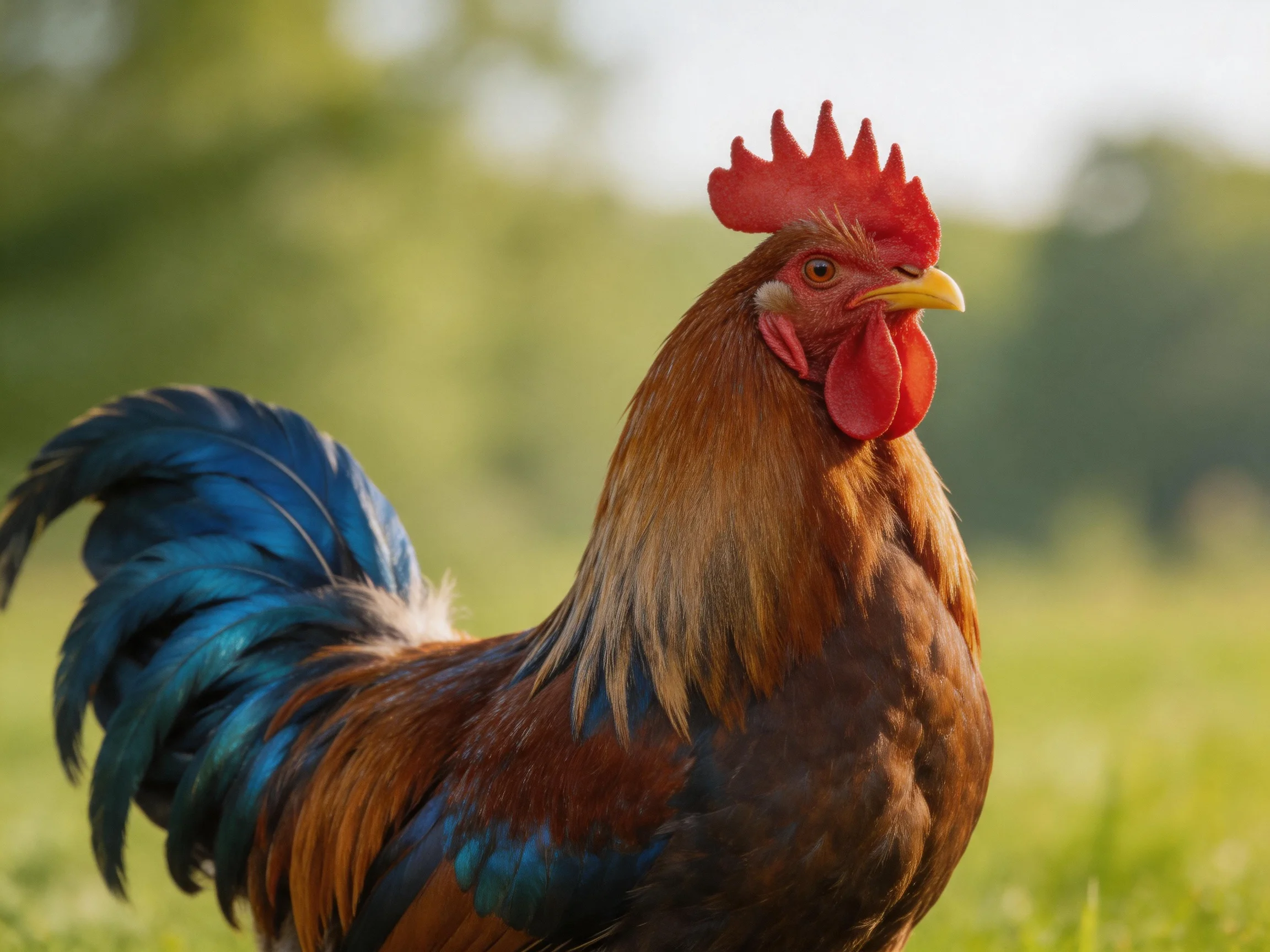 A rooster with colorful plumage stands in a sunlit green outdoor setting.