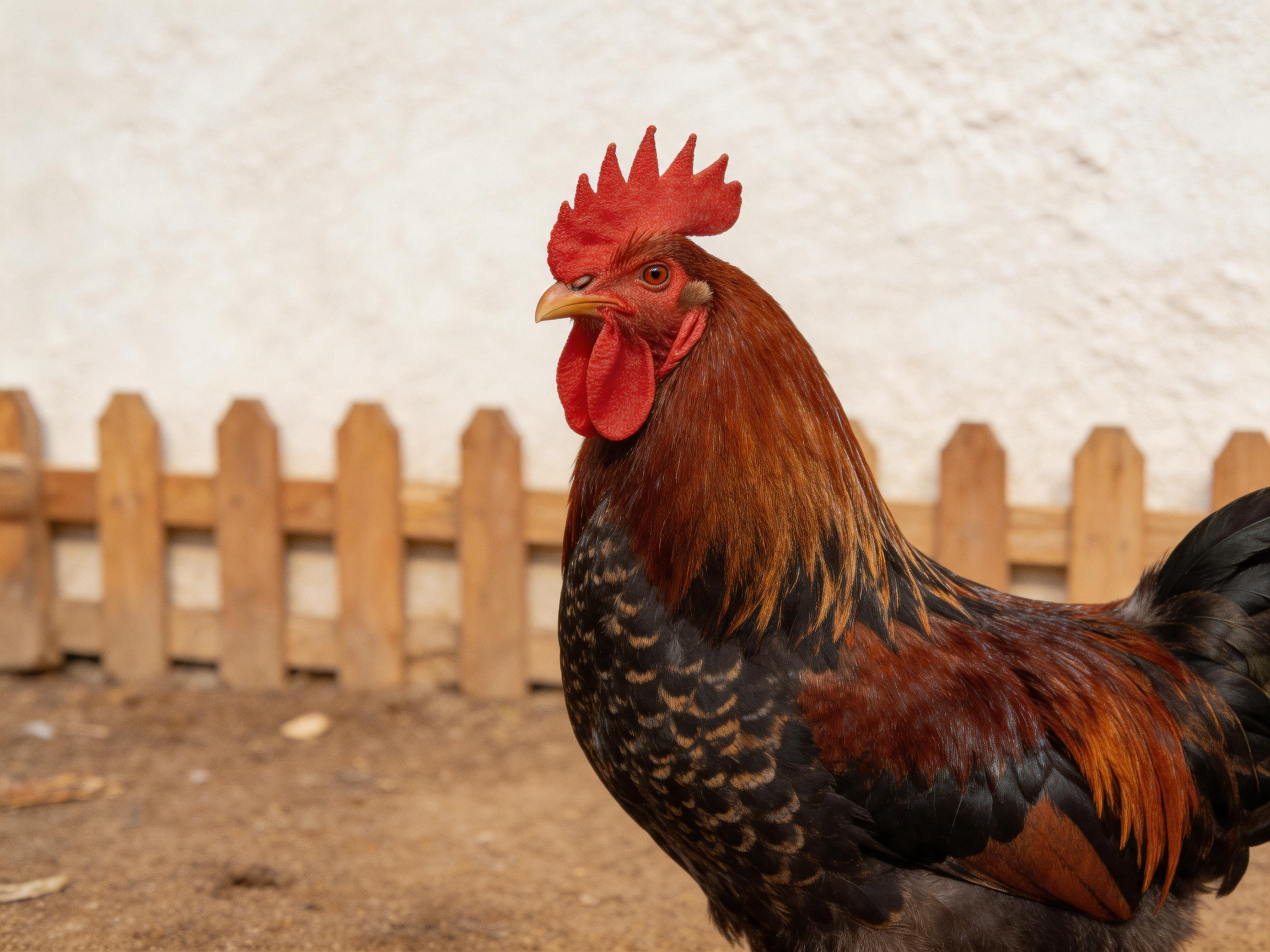 A vibrant rooster with red comb near wooden fence and white wall