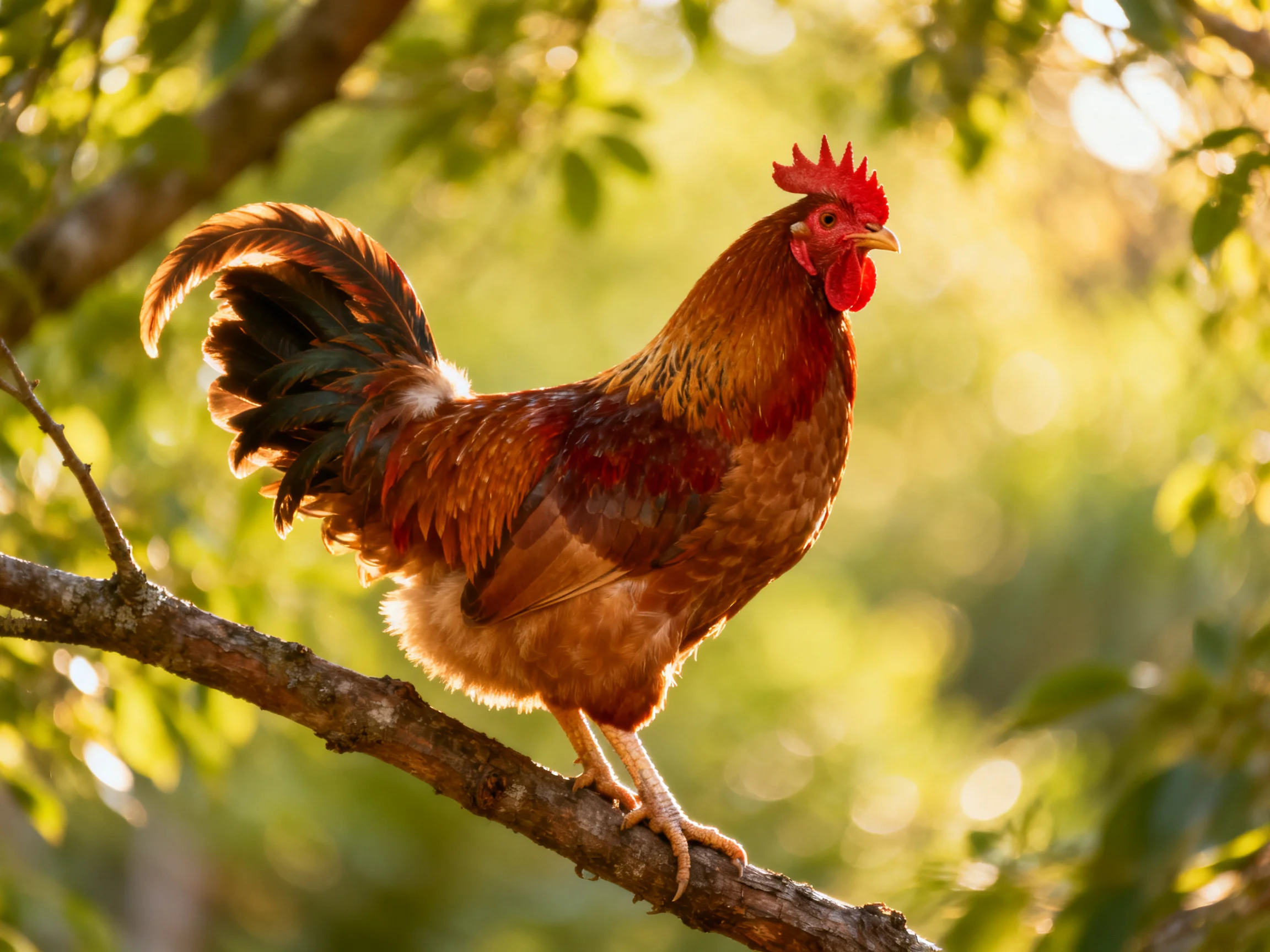 A vibrant rooster with red comb perches on a tree branch among green foliage