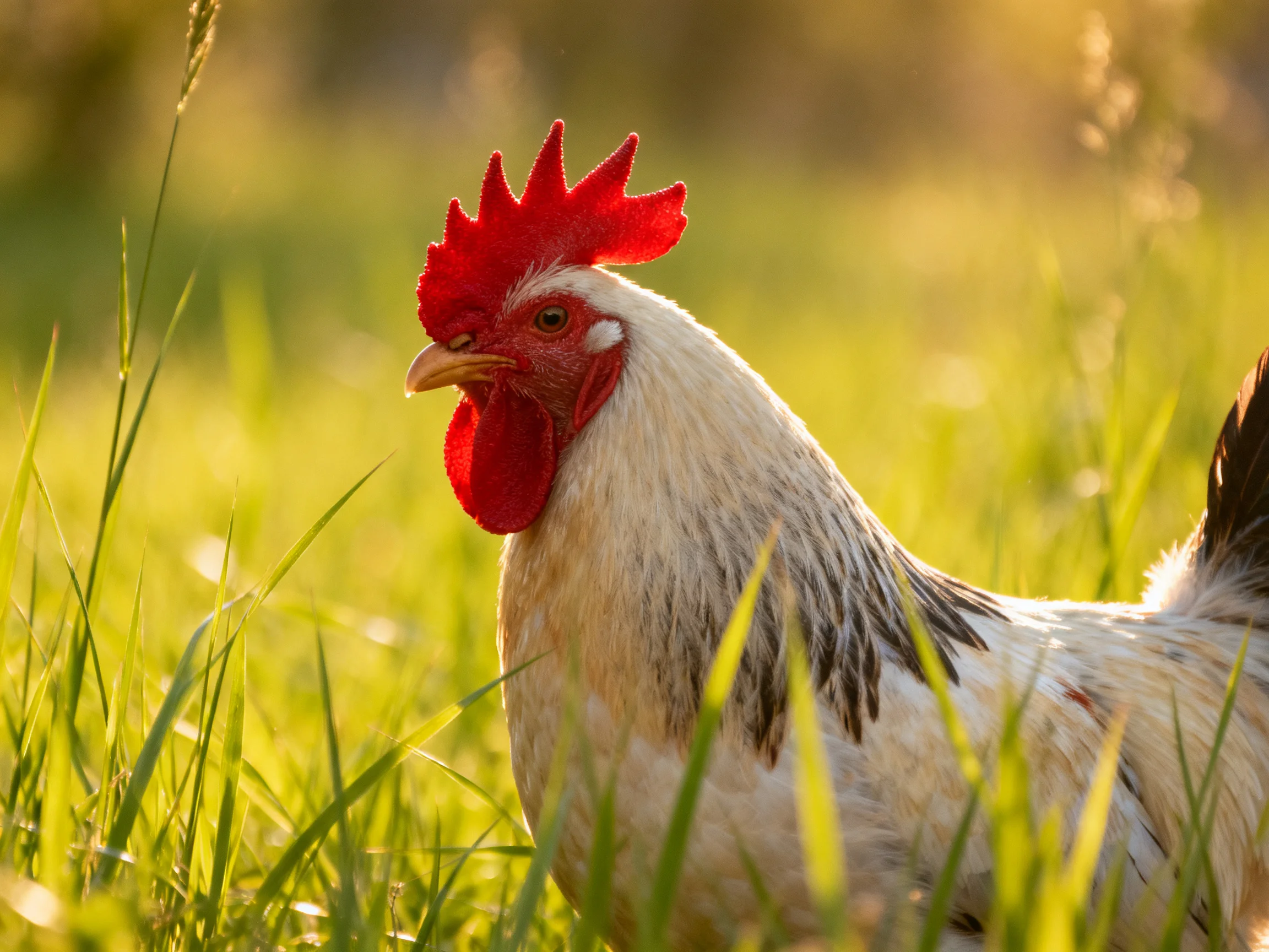 A rooster with a bright red comb stands in sunlit green grass.