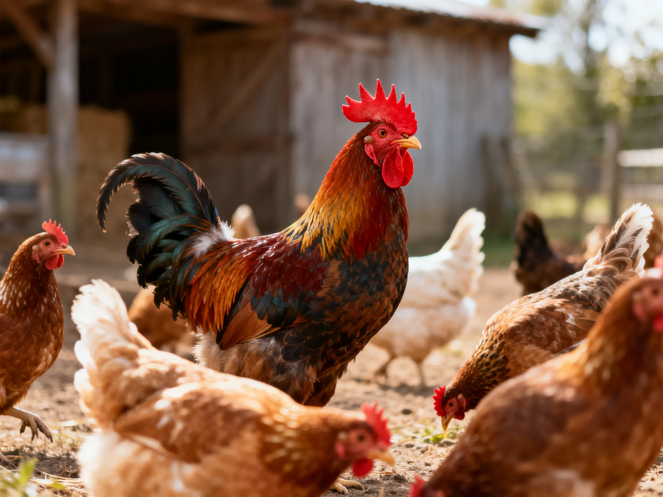 A vibrant rooster with red comb stands among chickens near a rustic barn