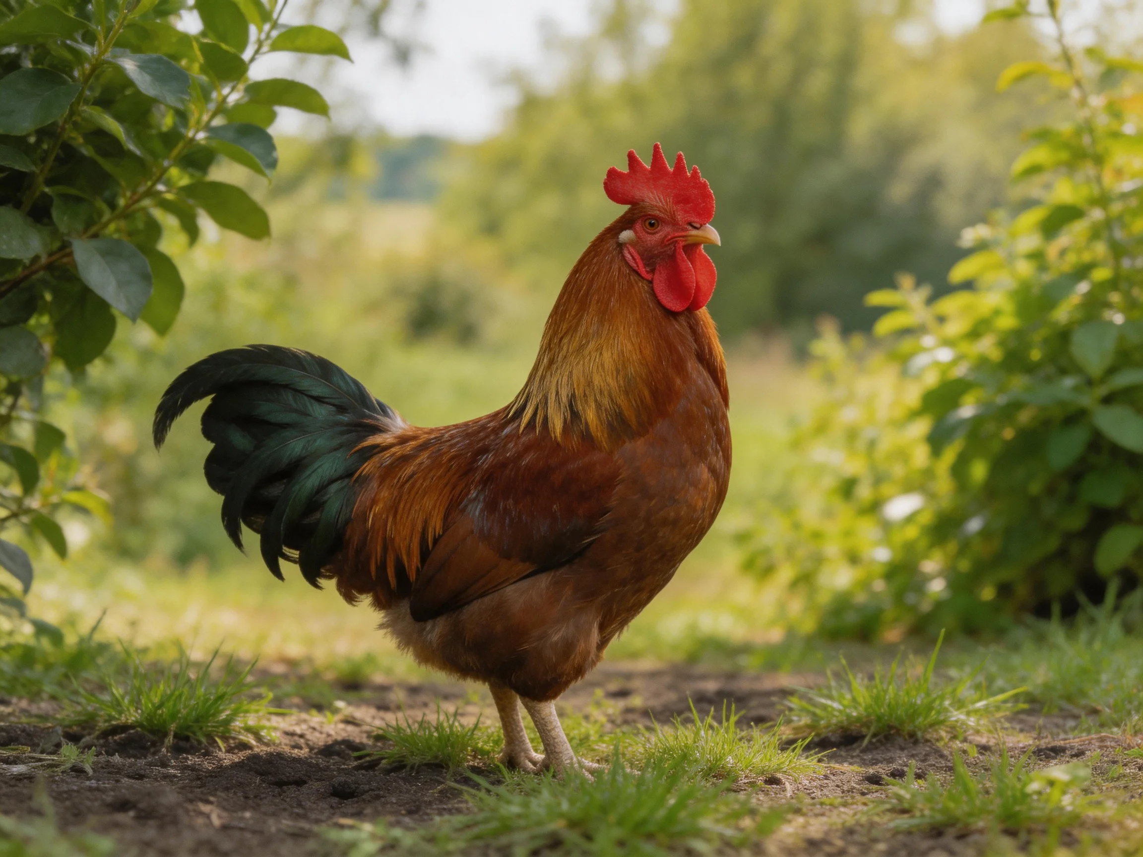 A vibrant rooster with red comb stands among greenery and earthy terrain