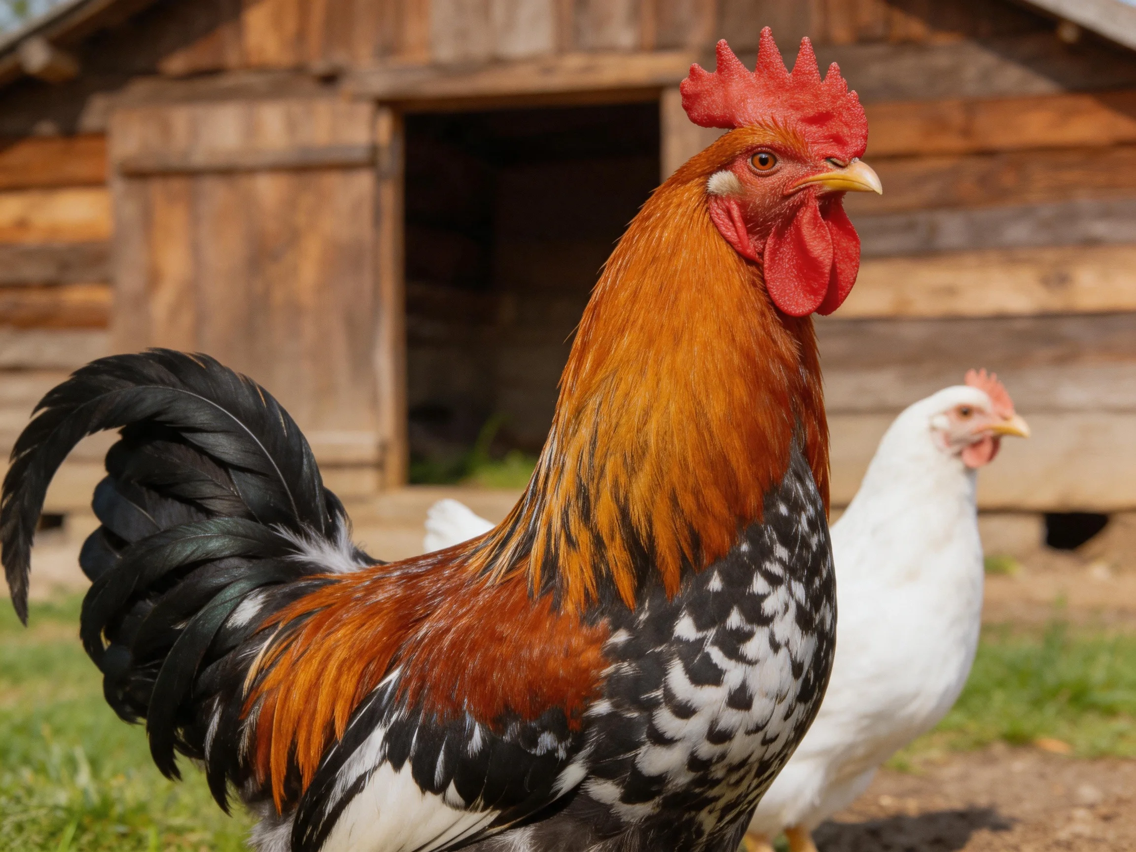 A rooster and hen are positioned near a wooden structure.