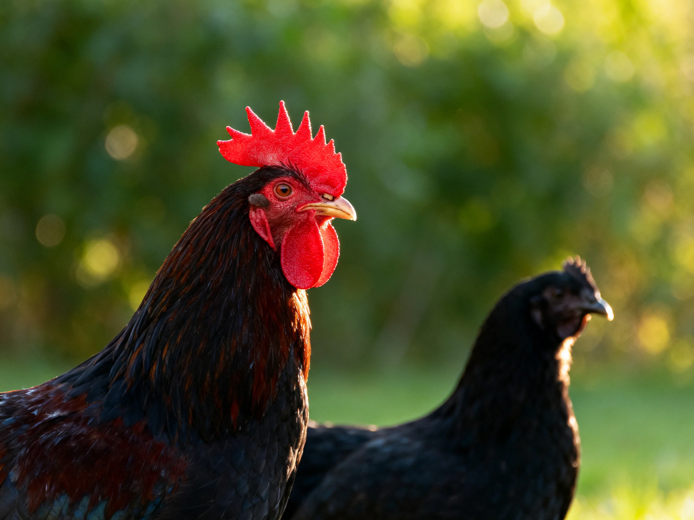 A vibrant rooster with red comb stands near a dark-feathered hen outdoors