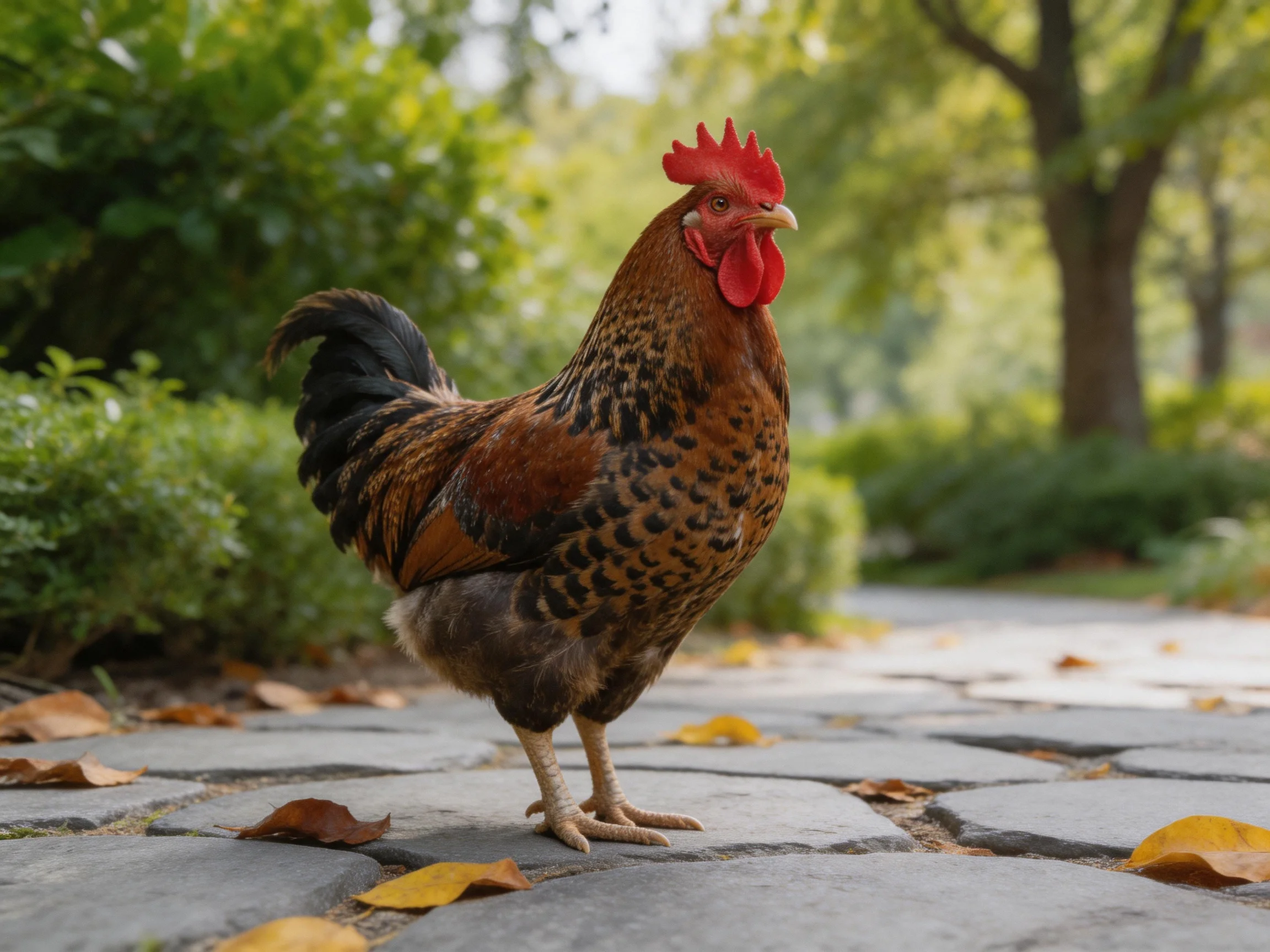 A rooster with colorful plumage stands on a stone pathway near lush greenery.