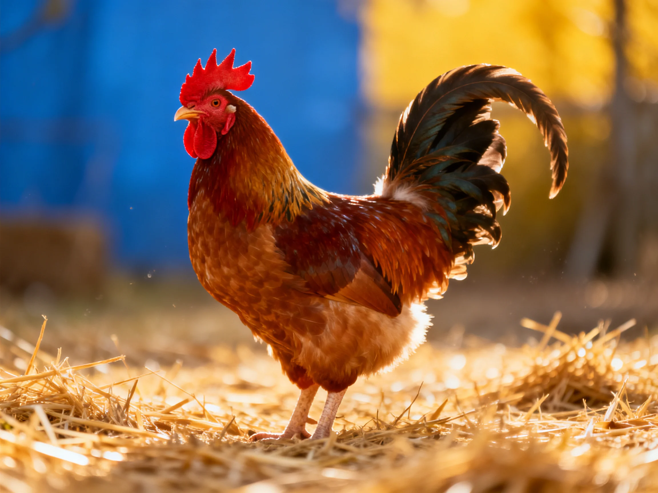 A rooster with a bright red comb stands on straw in a sunlit area with blue and yellow backgrounds.