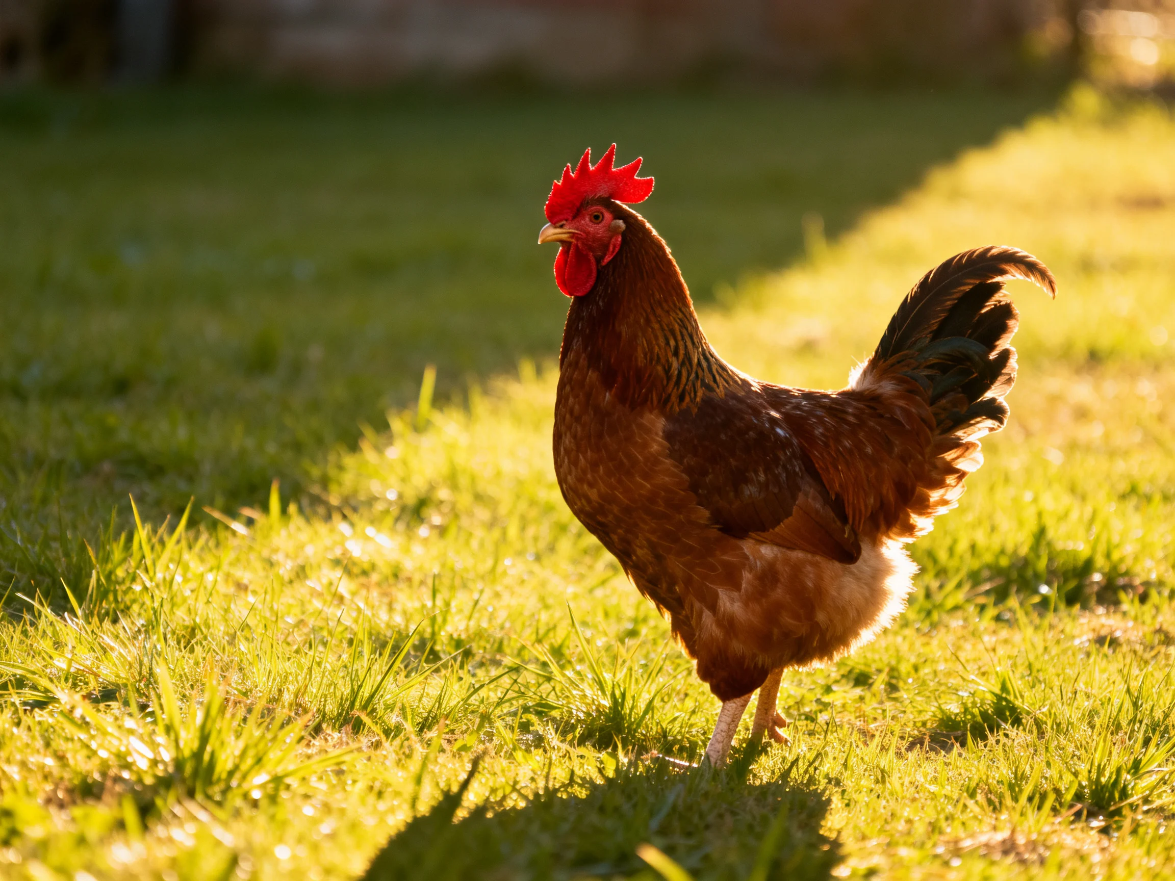 A vibrant rooster with red comb stands on sunlit green grass