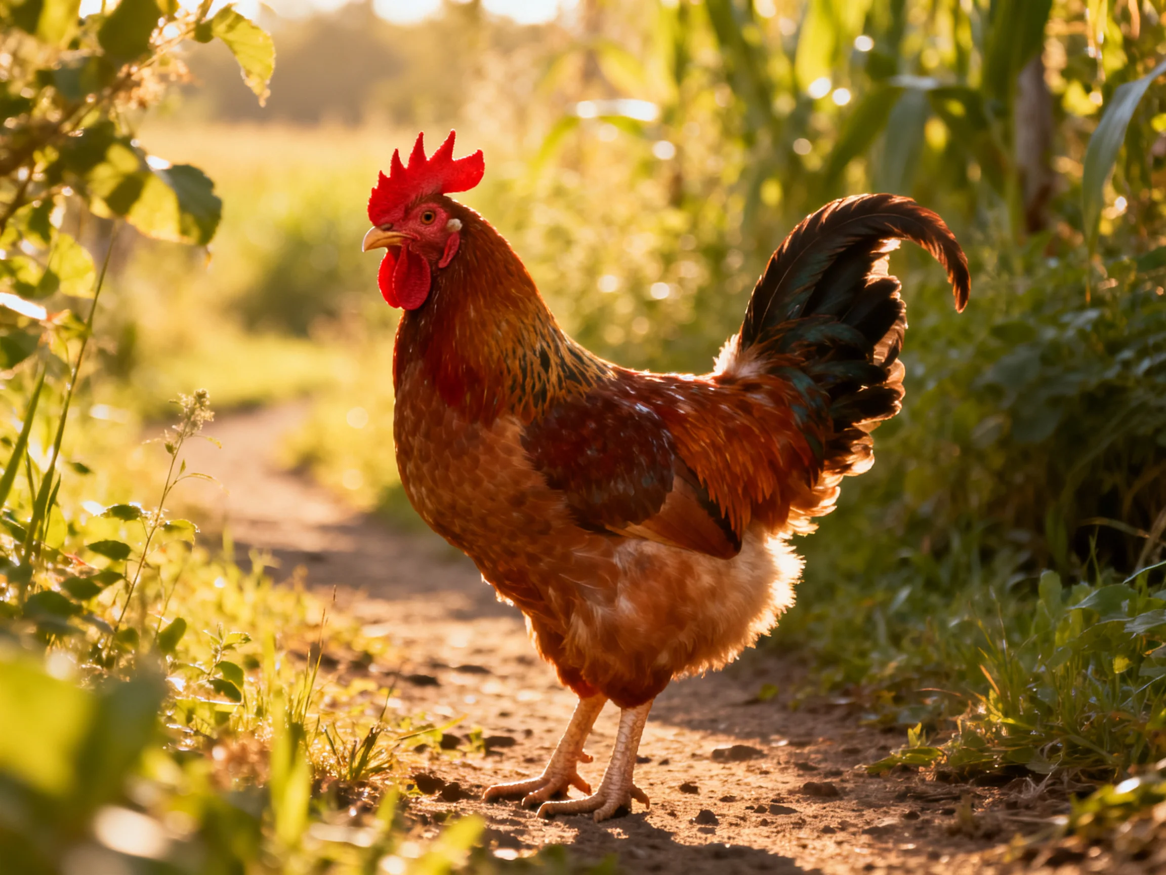 A vibrant rooster with red comb walks on a sunlit dirt path