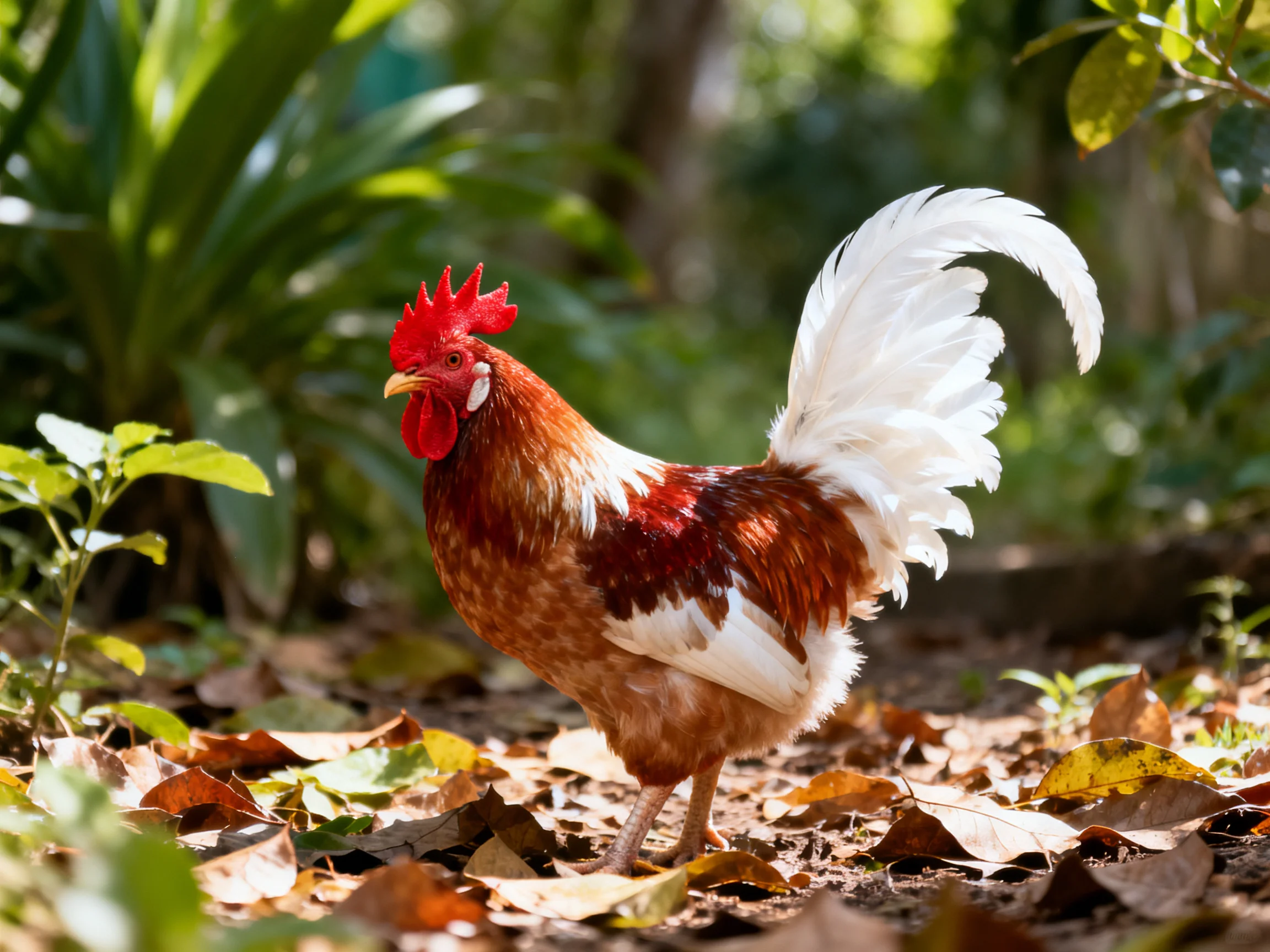 A rooster with colorful plumage forages amid dry leaves in a sunlit garden.