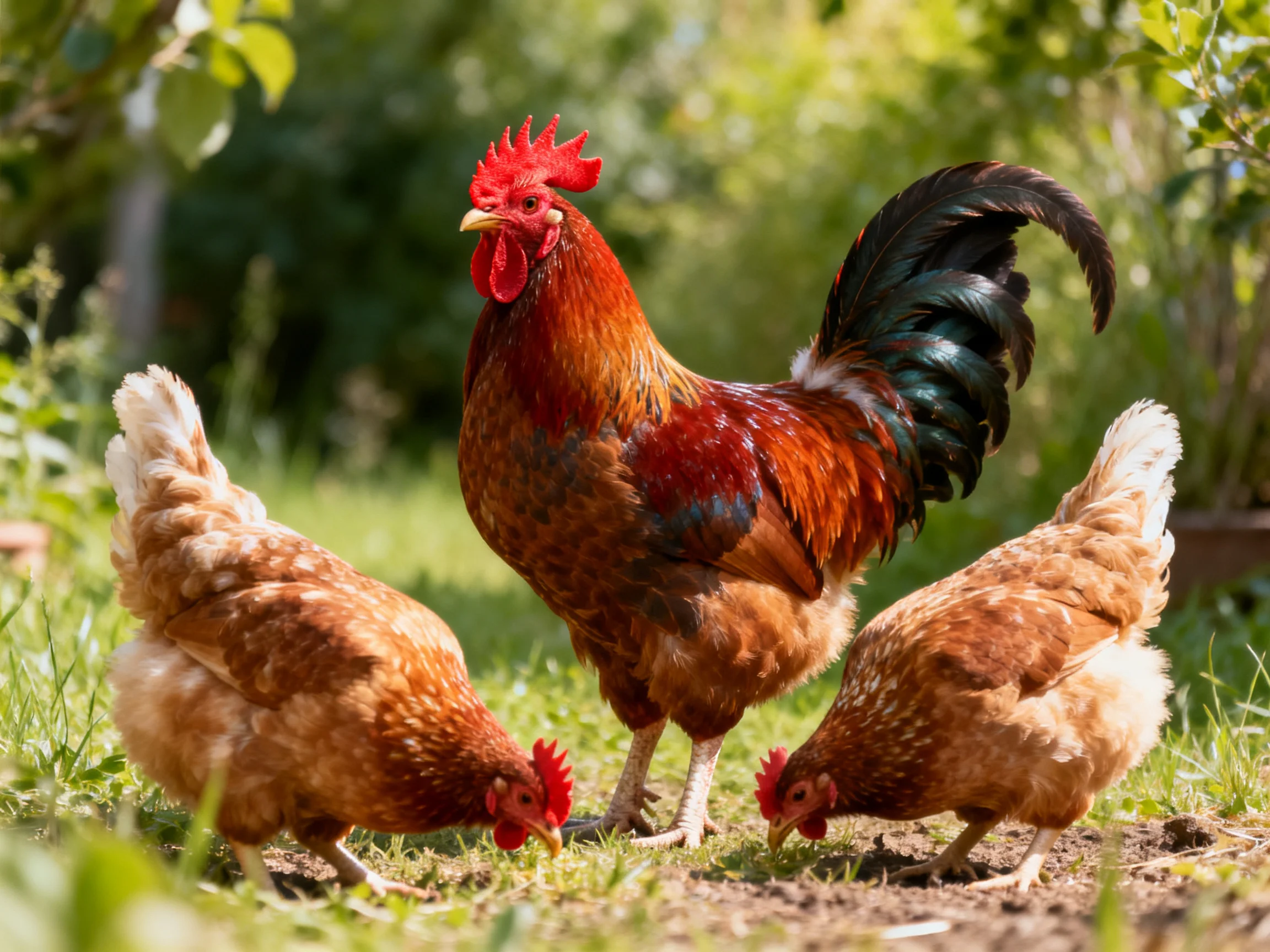 A rooster stands among two hens foraging in a sunlit garden.