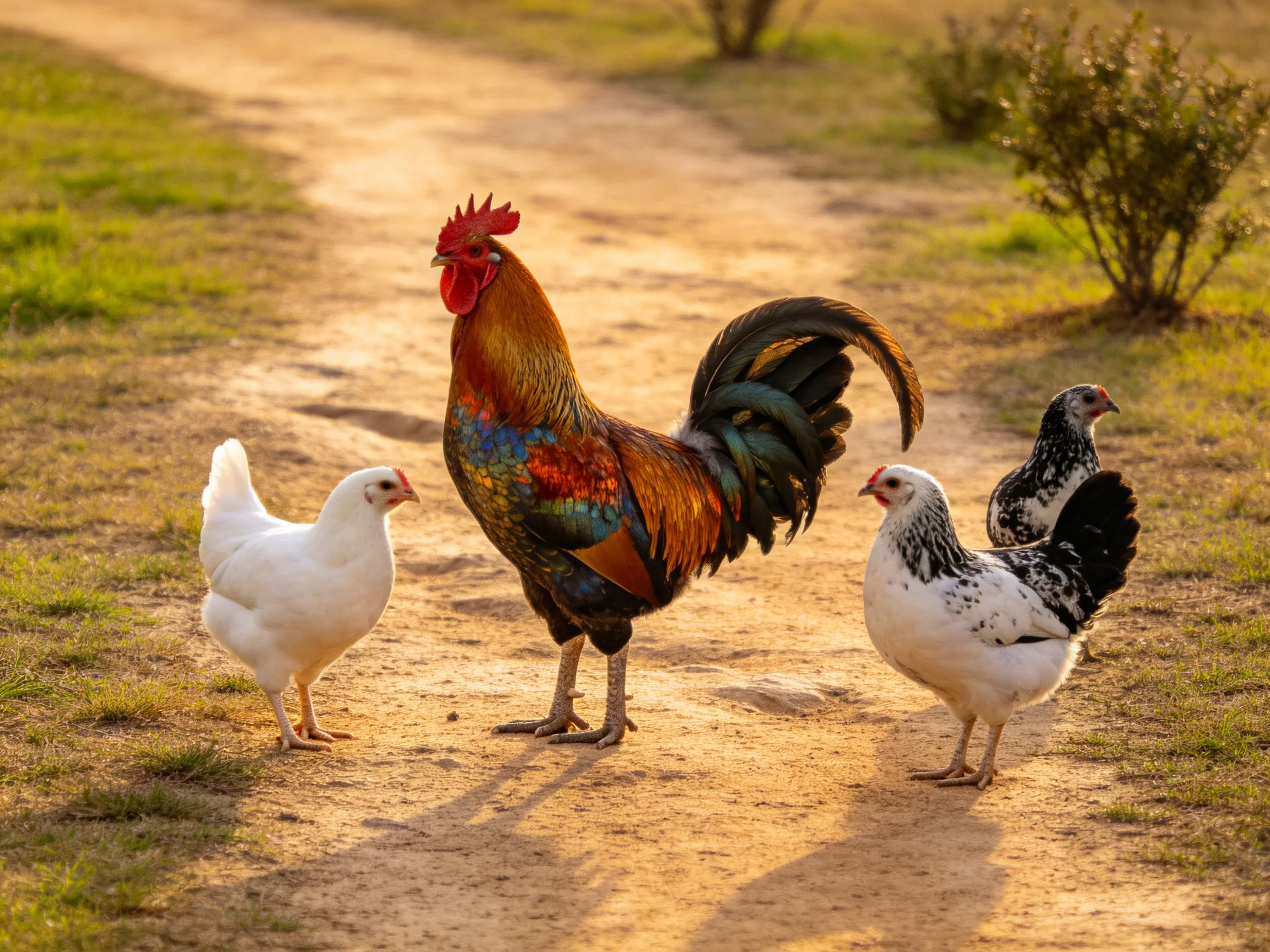 A rooster and two hens gather on a sunlit dirt path surrounded by greenery.