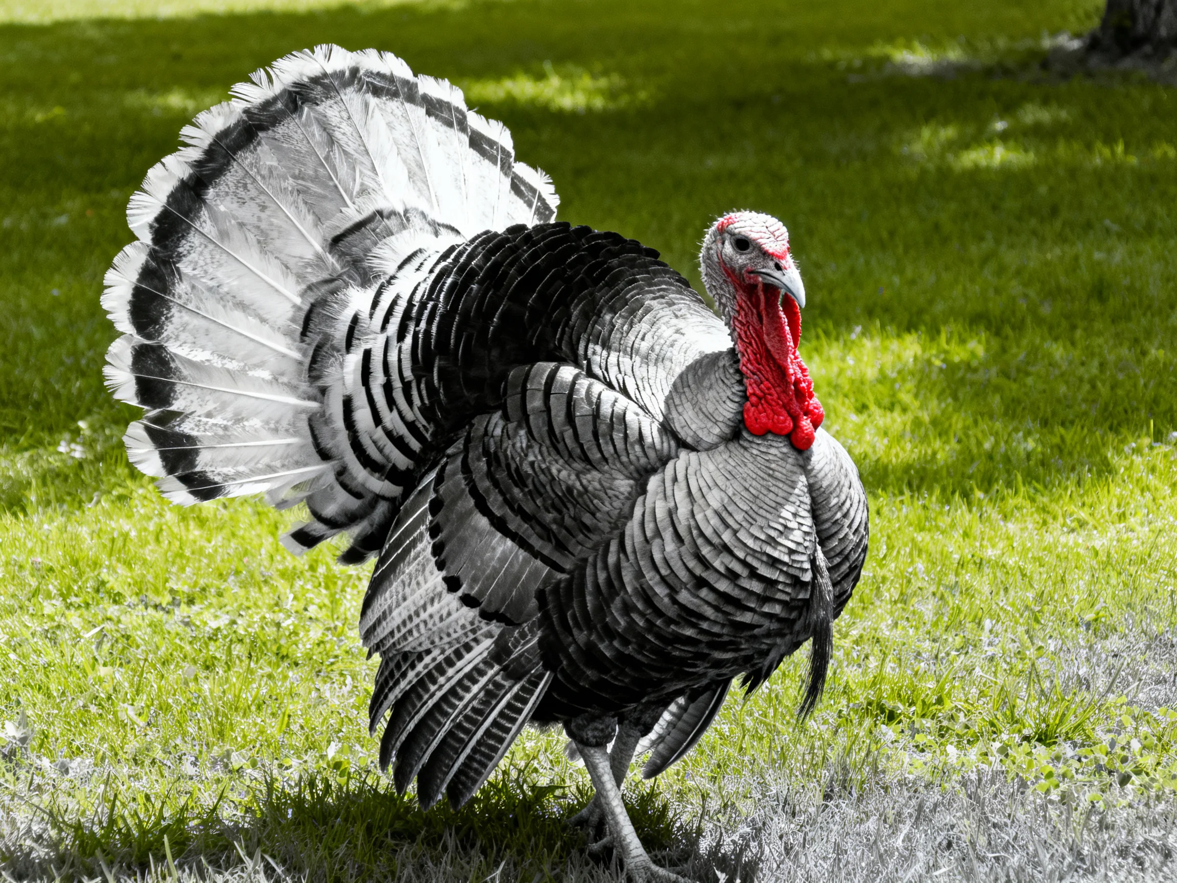 A vibrant turkey displays fanned tail feathers with black, white, and red plumage