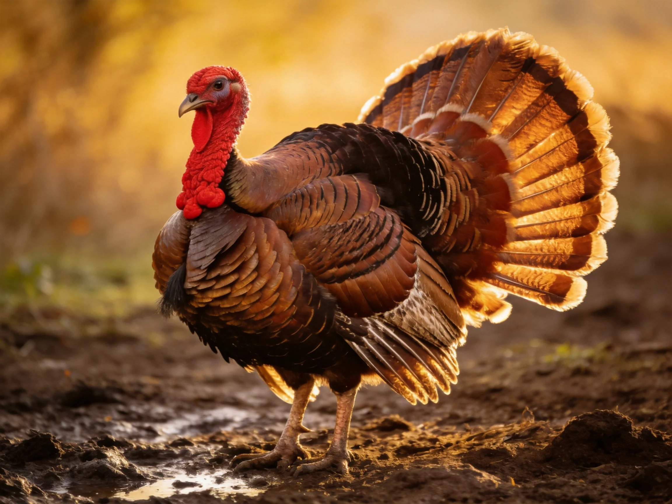 A vibrant wild turkey displaying its fanned tail feathers in golden light