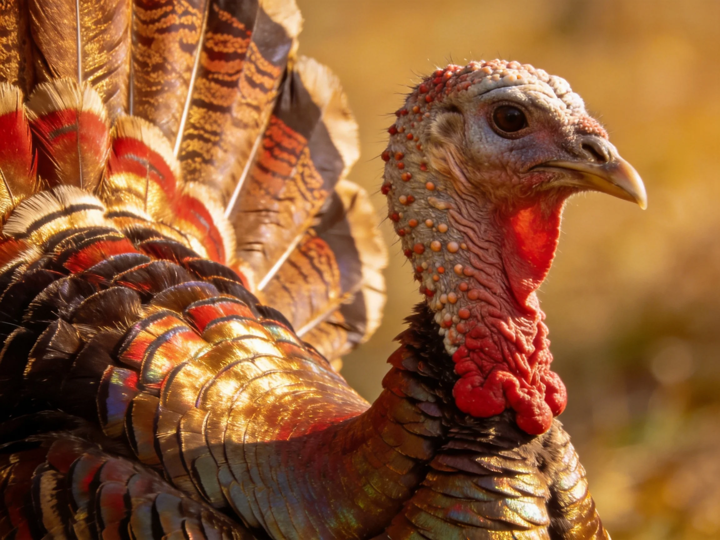 A vibrant wild turkey displaying multicolored iridescent feathers in natural light