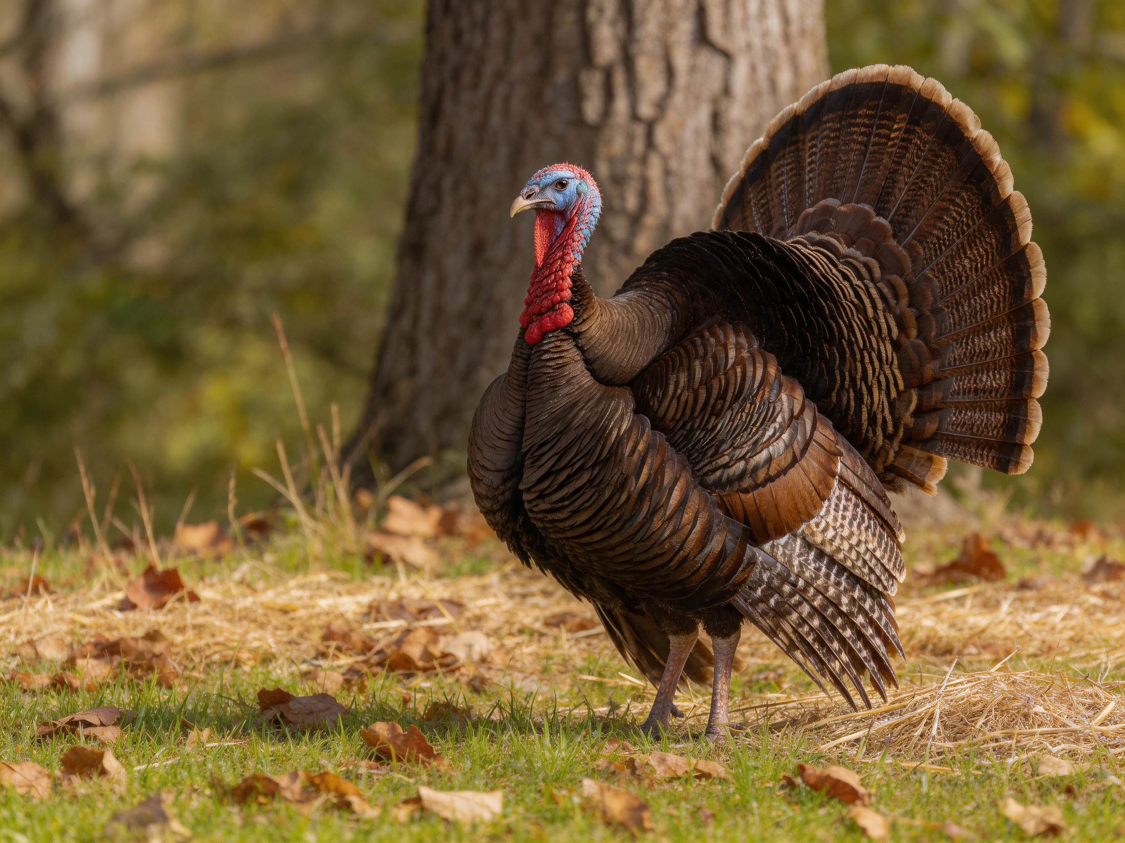 A vibrant wild turkey displays fanned tail feathers in an autumn forest