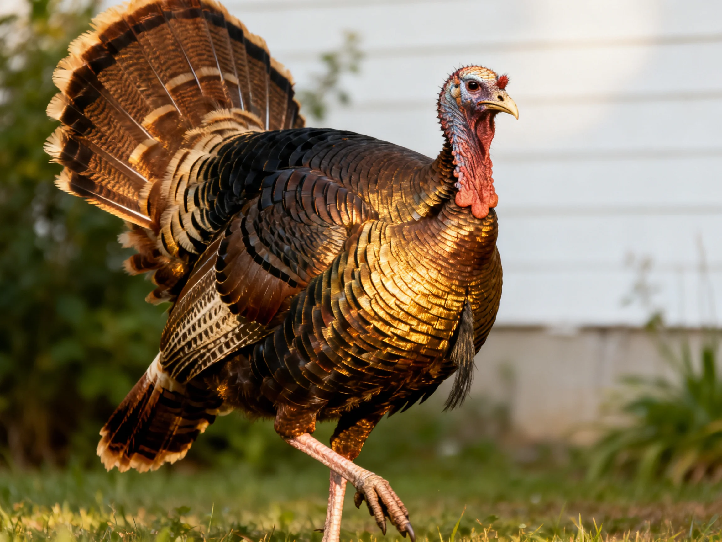A vibrant wild turkey displays iridescent brown and gold plumage