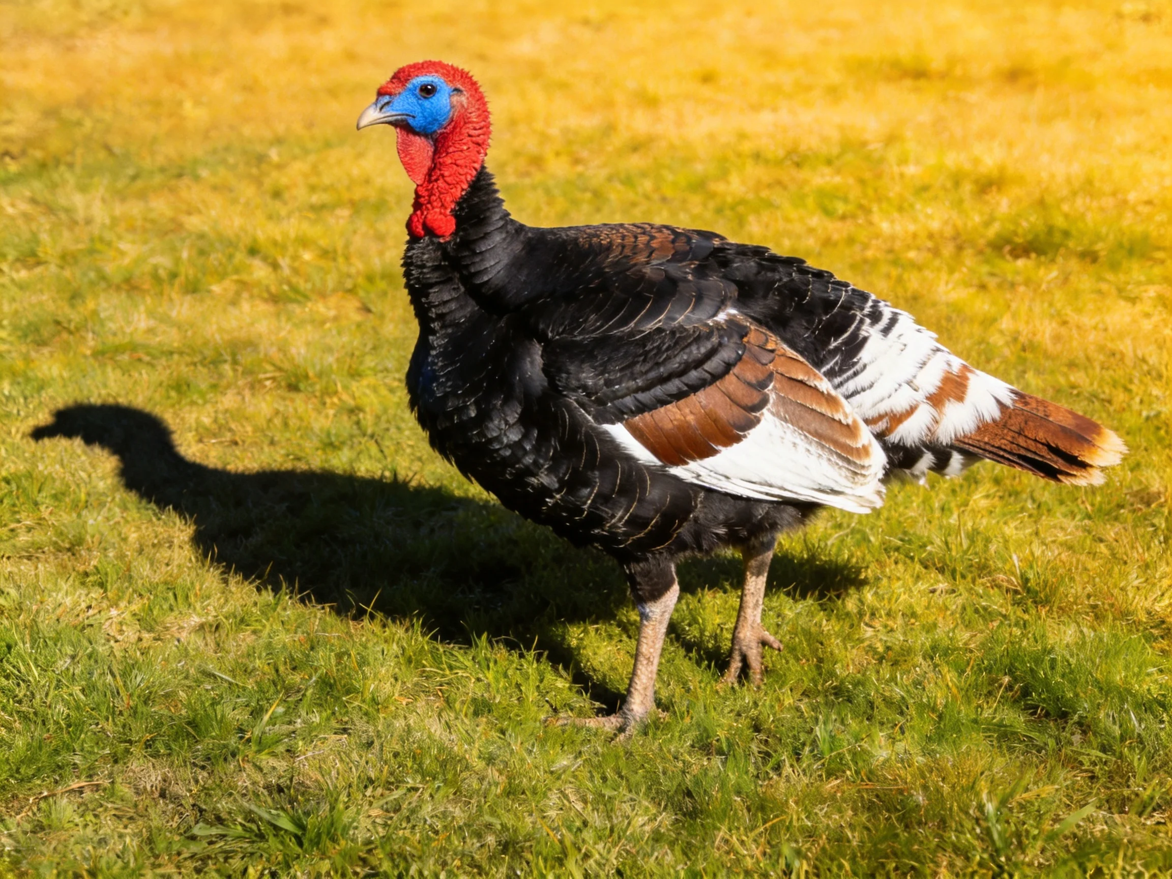 A vibrant wild turkey with red head, black body, and multicolored wings on green grass