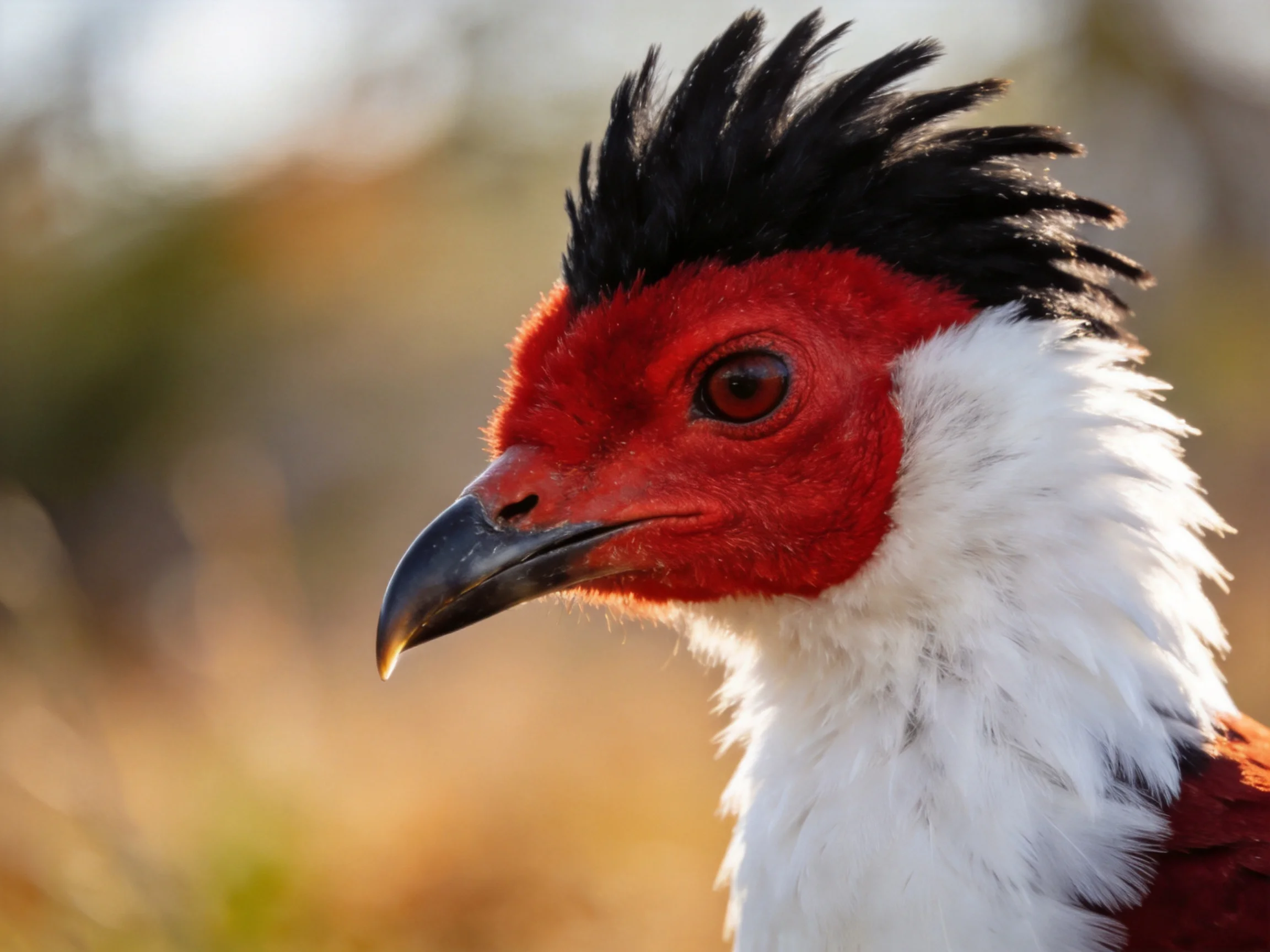 A vibrantly colored bird with red face, black crest, and white neck feathers