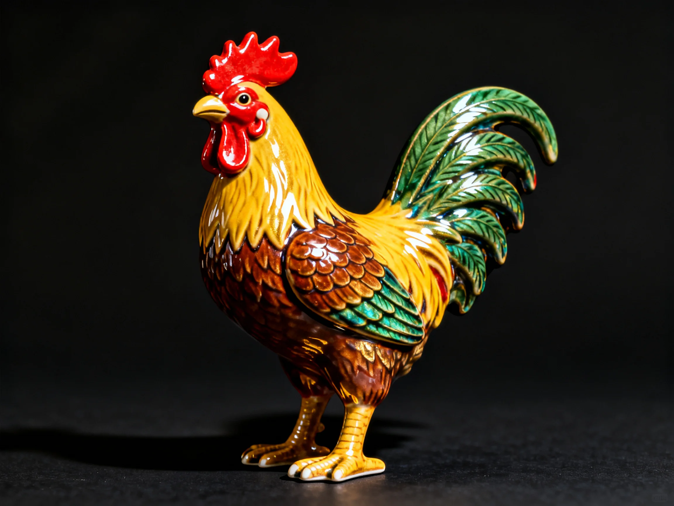 A vibrantly colored ceramic rooster figurine with red comb and green tail