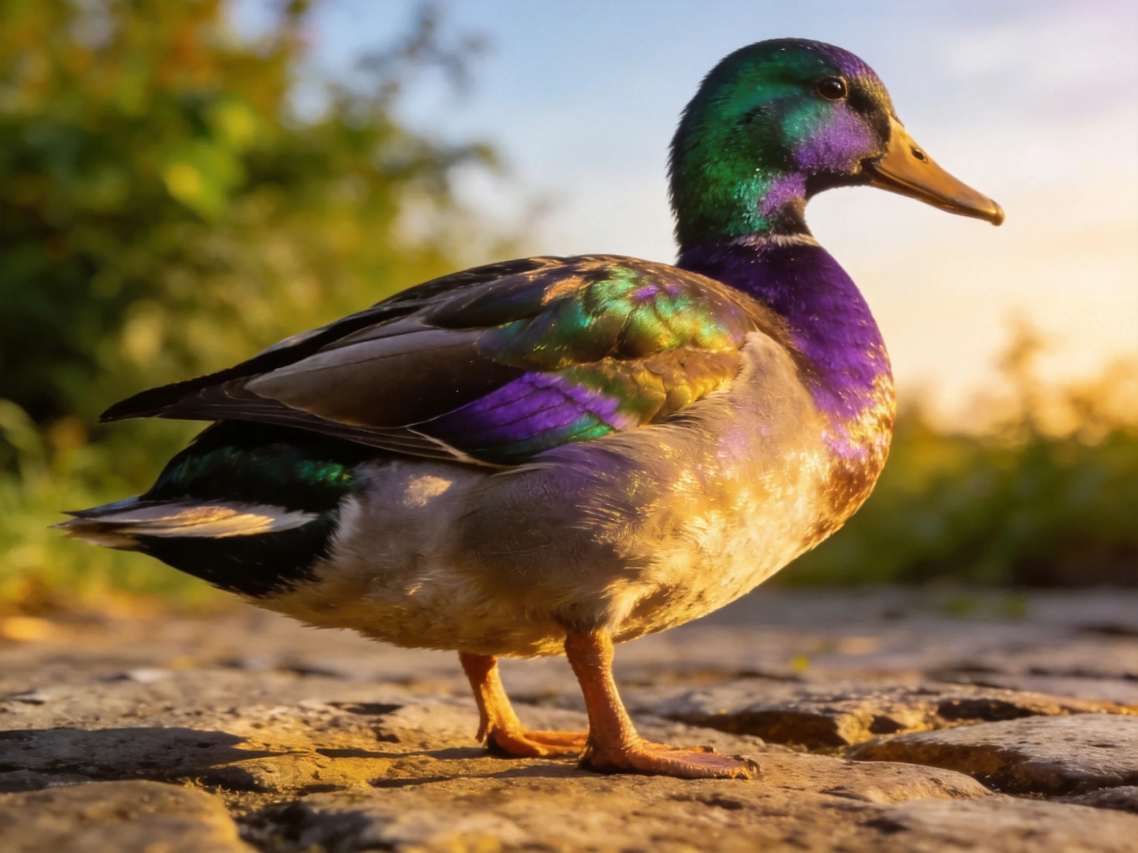 A vibrantly colored duck stands on a stone path with greenery in the background