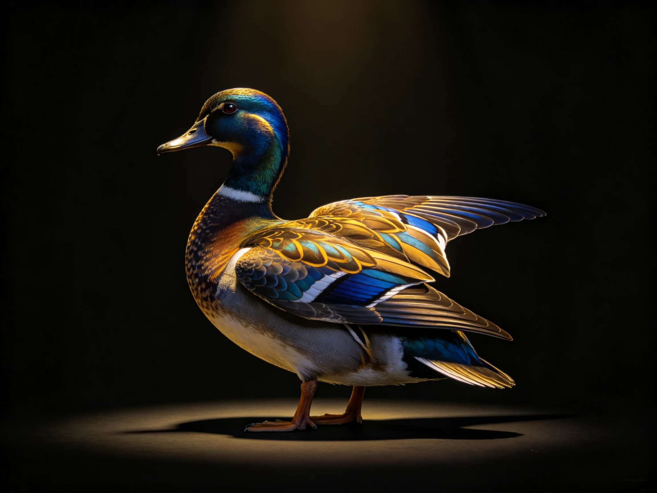 A vibrantly colored duck with blue, gold, and brown plumage against a dark backdrop
