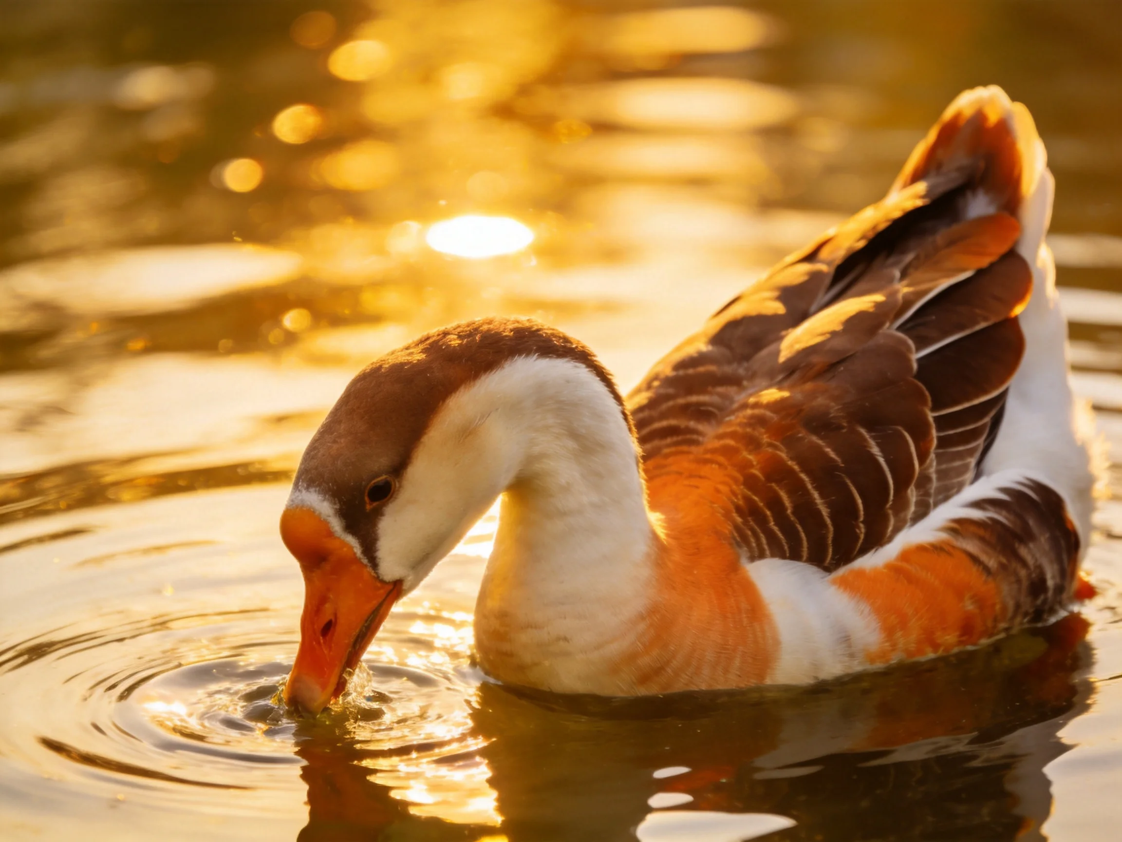 A vibrantly colored goose glides through shimmering golden water