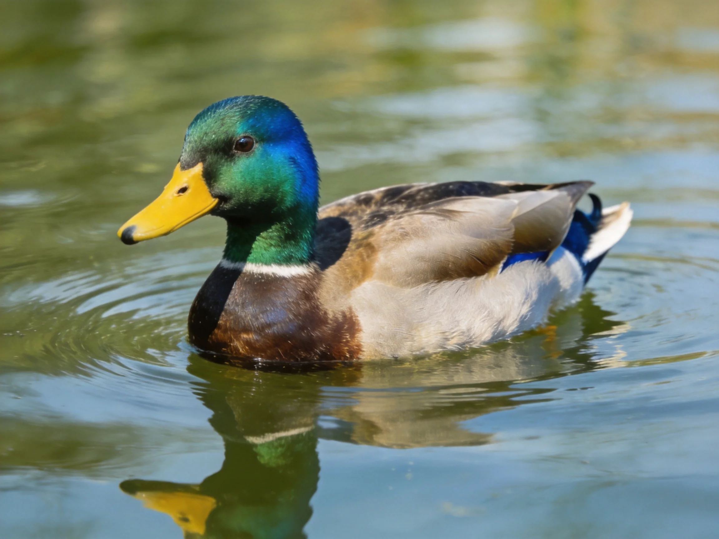 A vibrantly colored male mallard duck swims in calm water