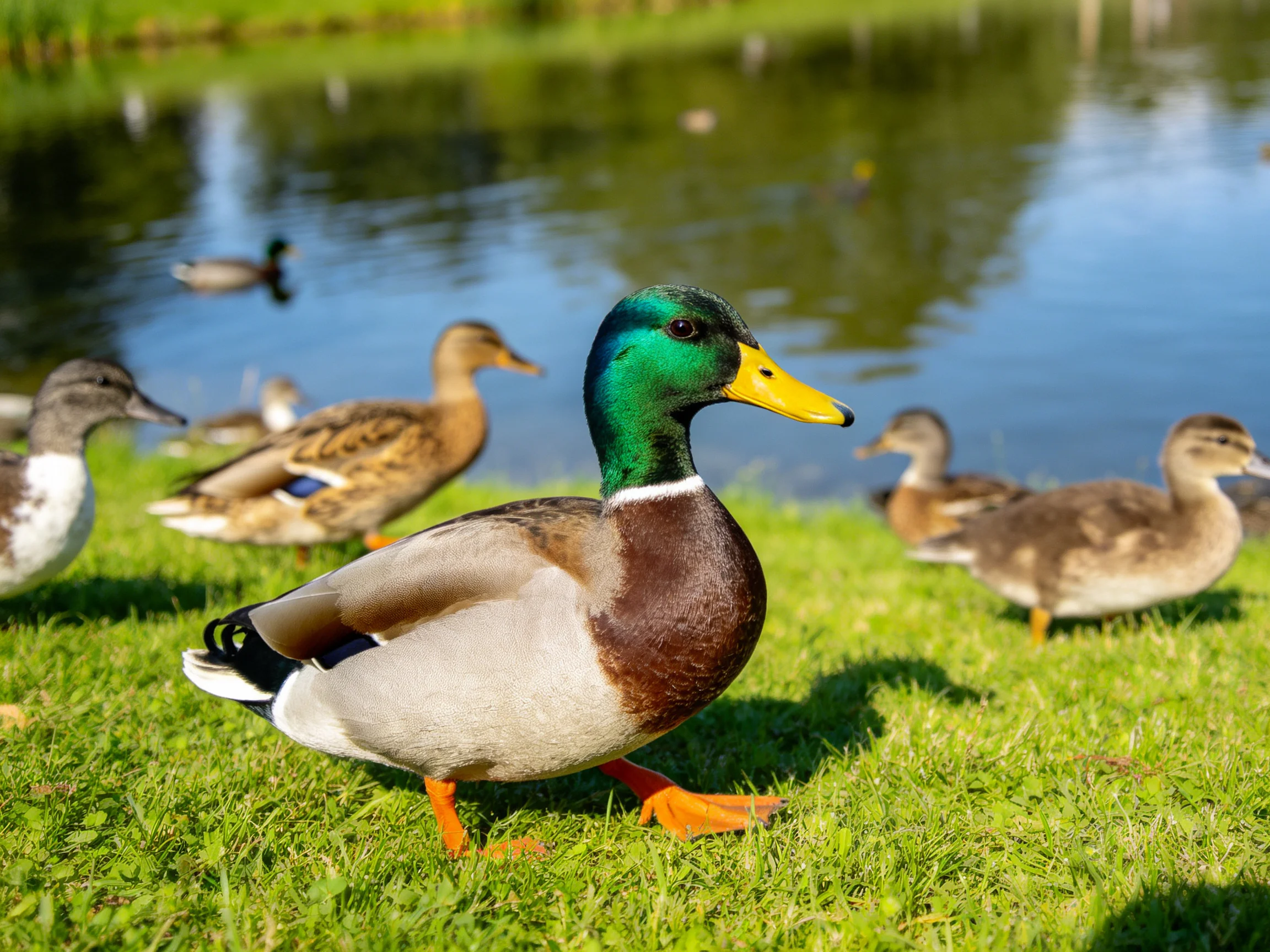 A vibrantly colored mallard duck among ducks near a calm pond