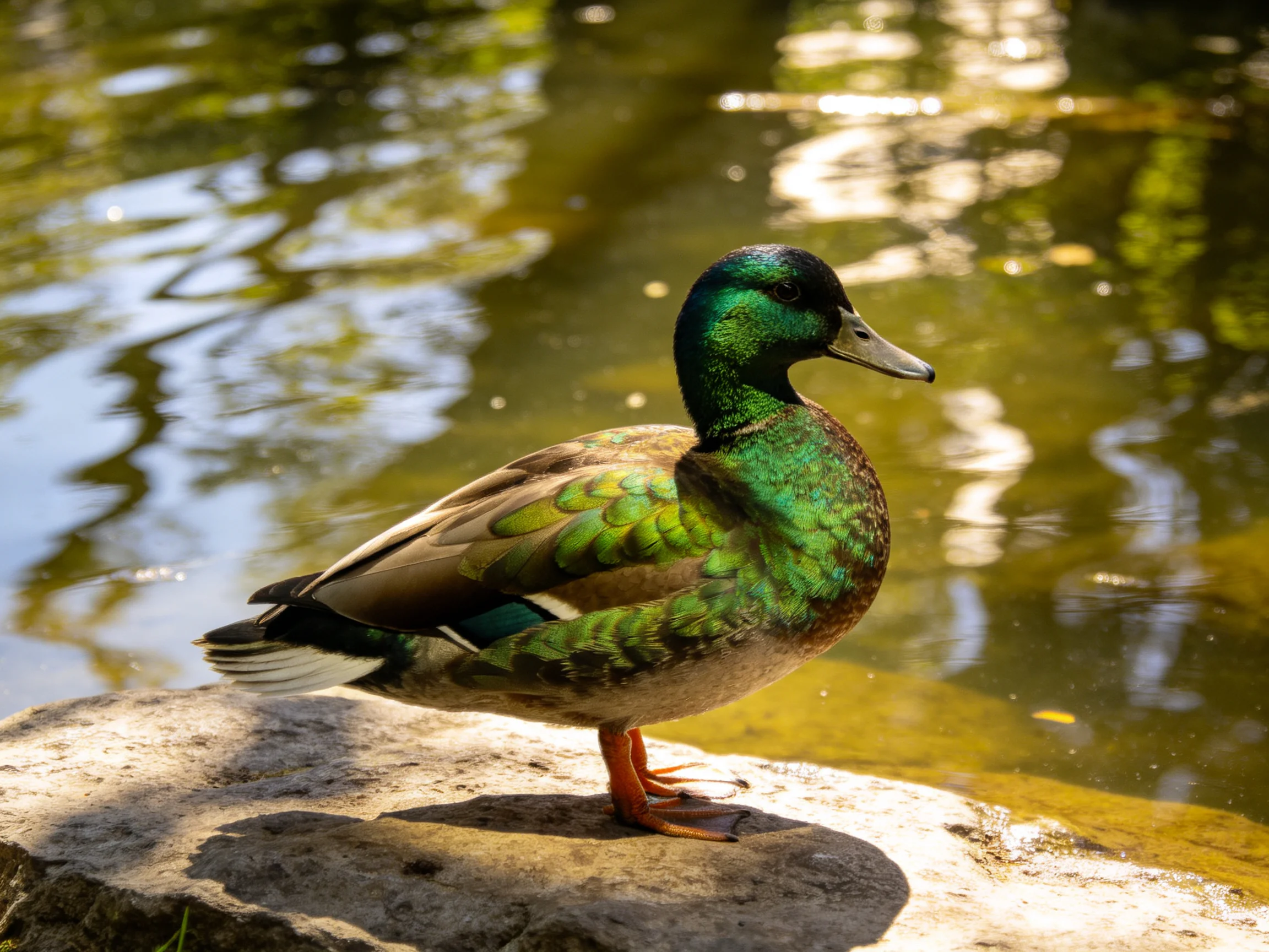 A vibrantly colored mallard duck perched on a stone by calm waters
