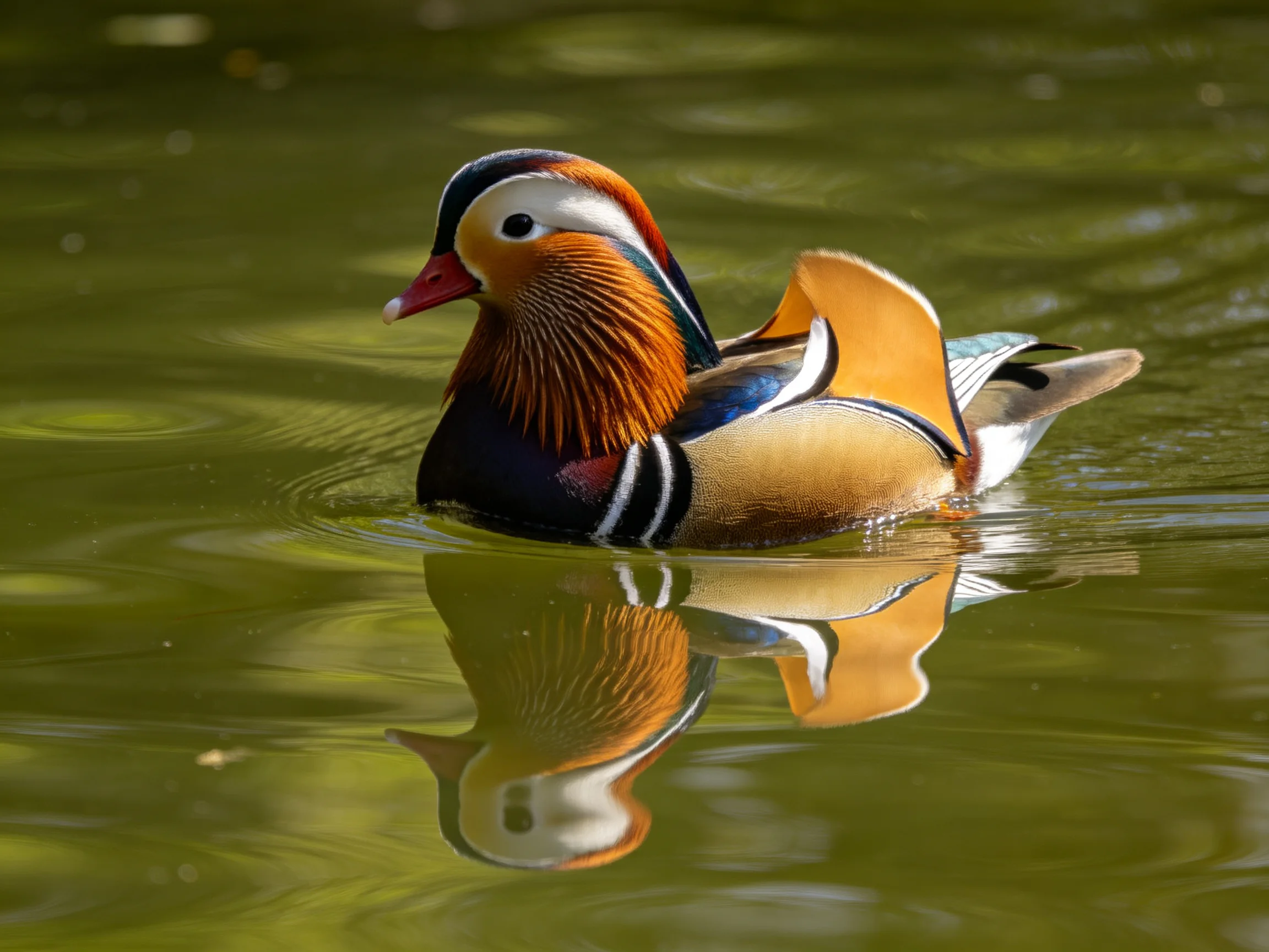 A vibrantly colored mandarin duck swims in calm green water