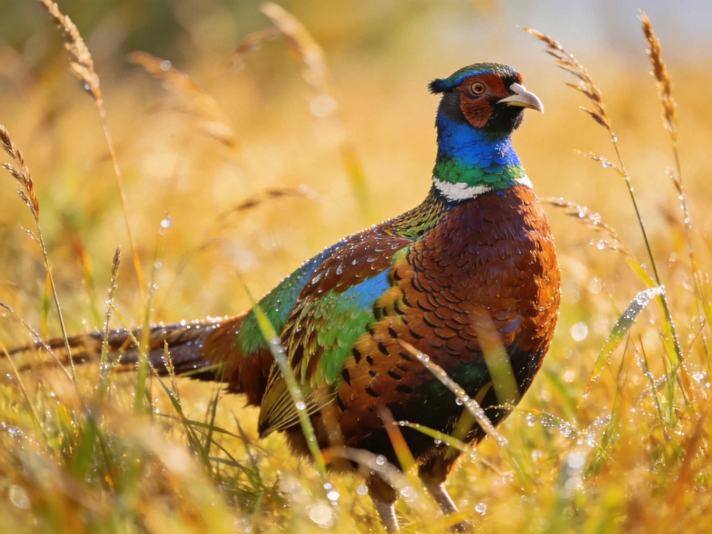 A vibrantly colored pheasant amid dewy golden meadow grass