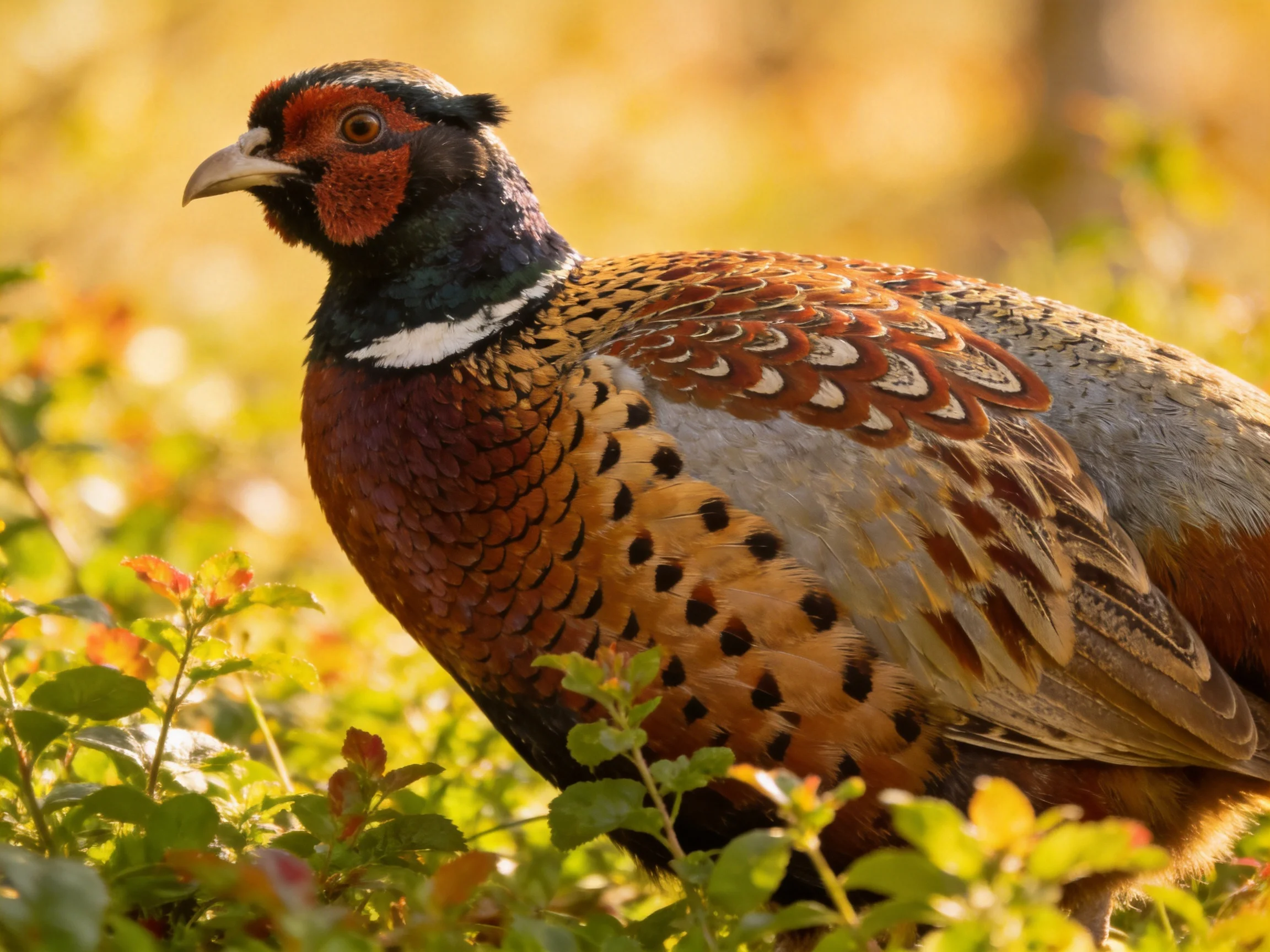 A vibrantly colored pheasant amidst lush green foliage and warm sunlight