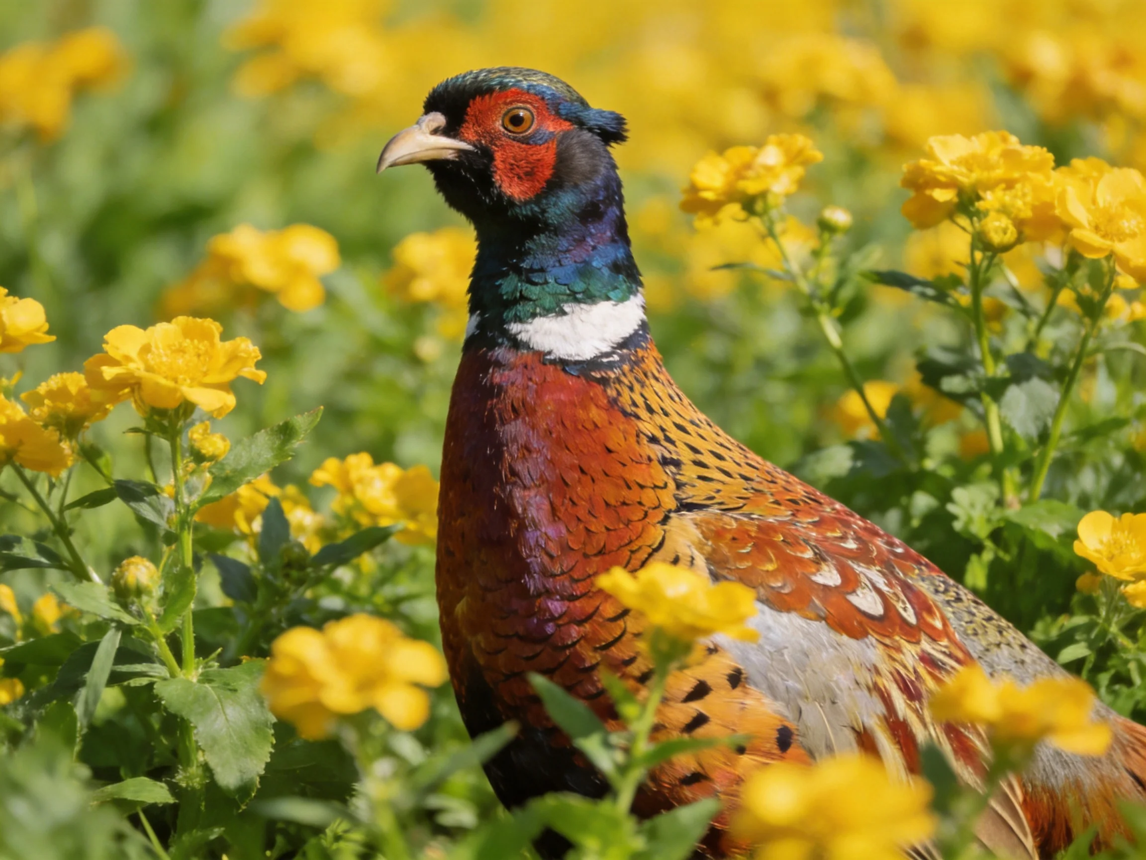 A vibrantly colored pheasant among bright yellow wildflowers