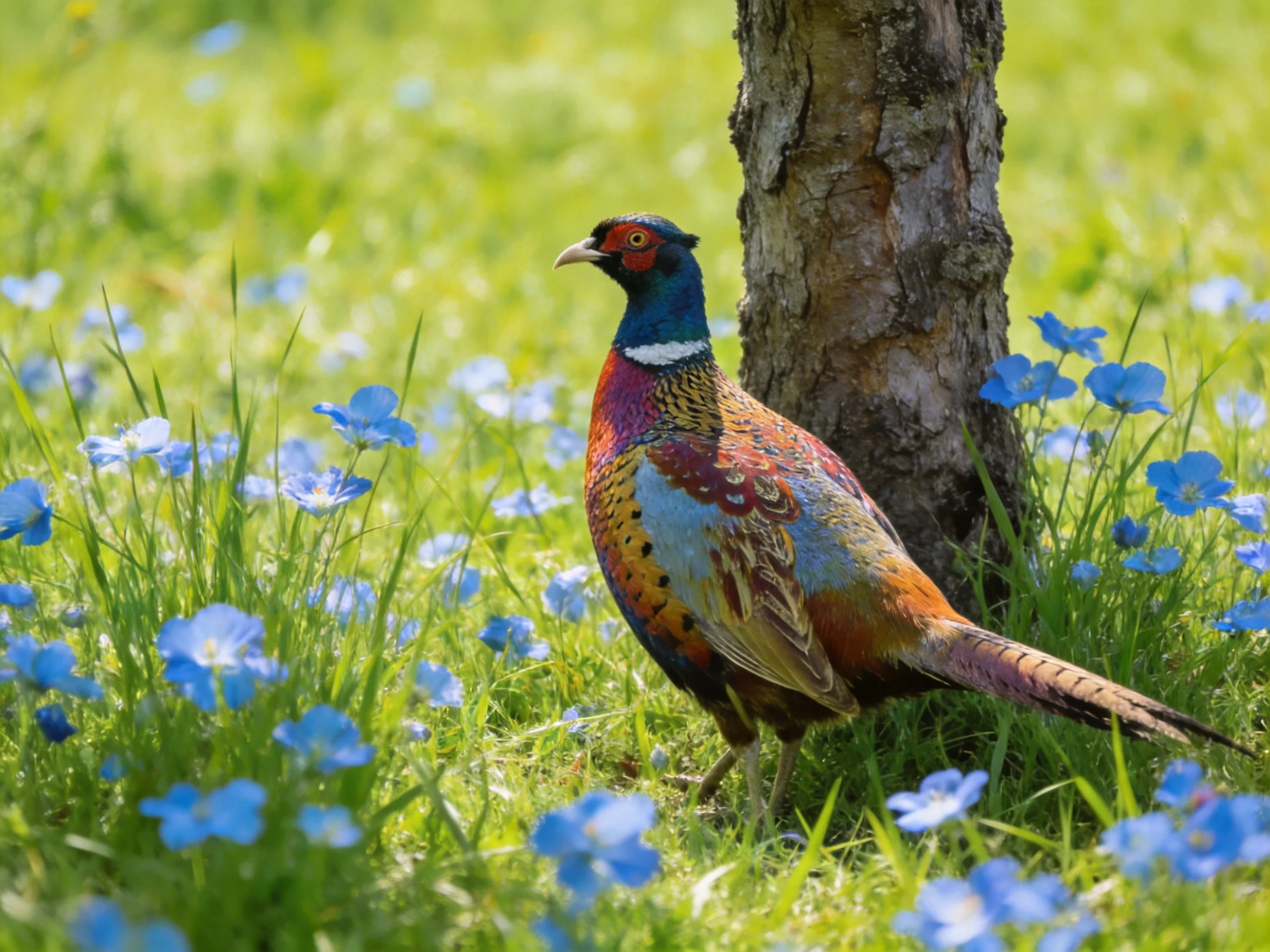 A vibrantly colored pheasant near a tree amid blue wildflowers