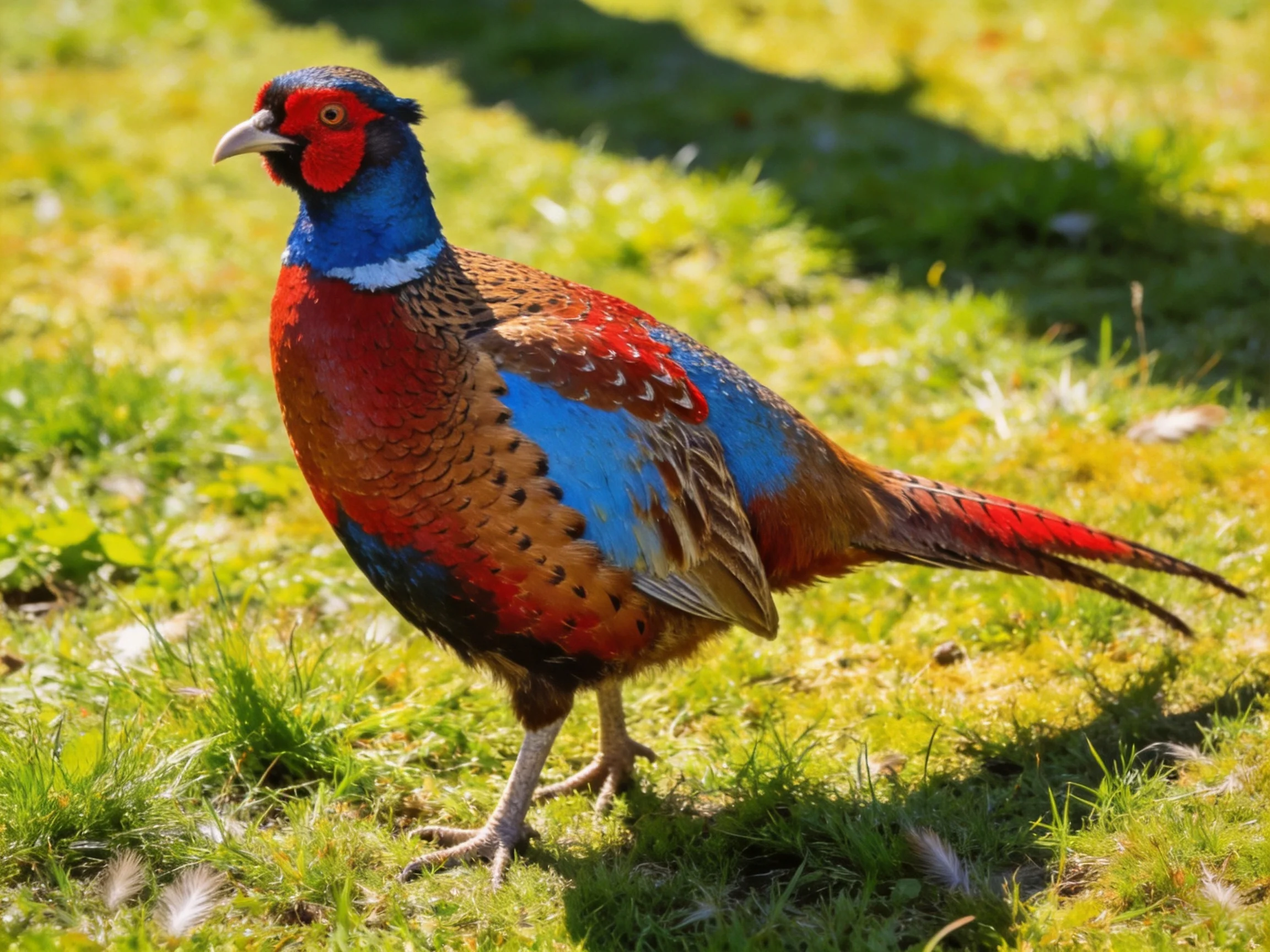 A vibrantly colored pheasant stands on lush green grass