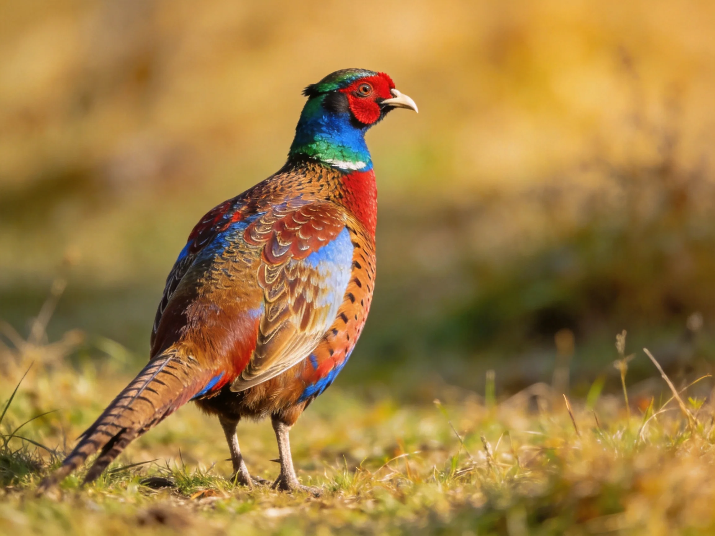 A vibrantly colored pheasant stands on sun-dappled grassland