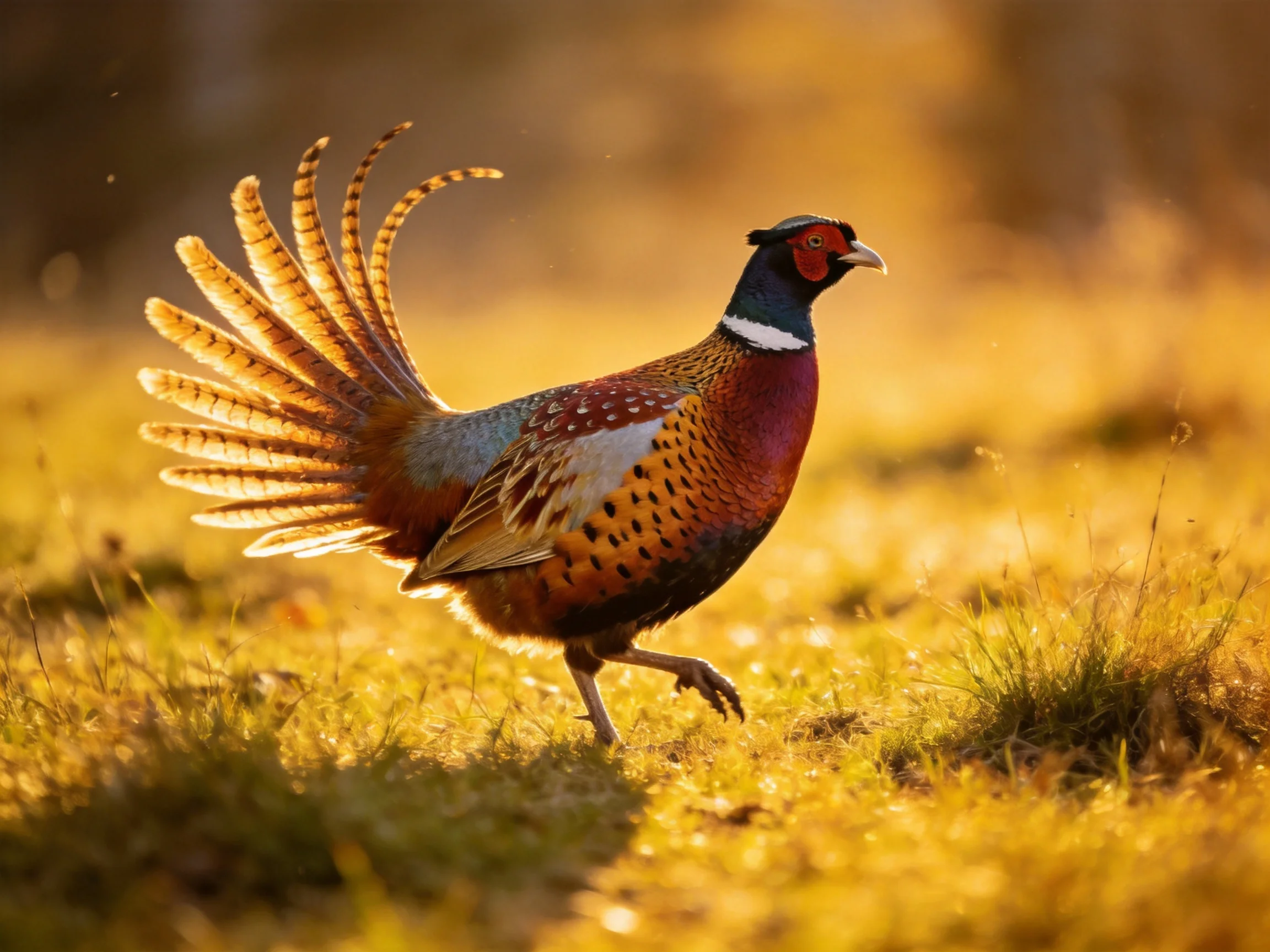 A vibrantly colored pheasant struts through golden grassy terrain