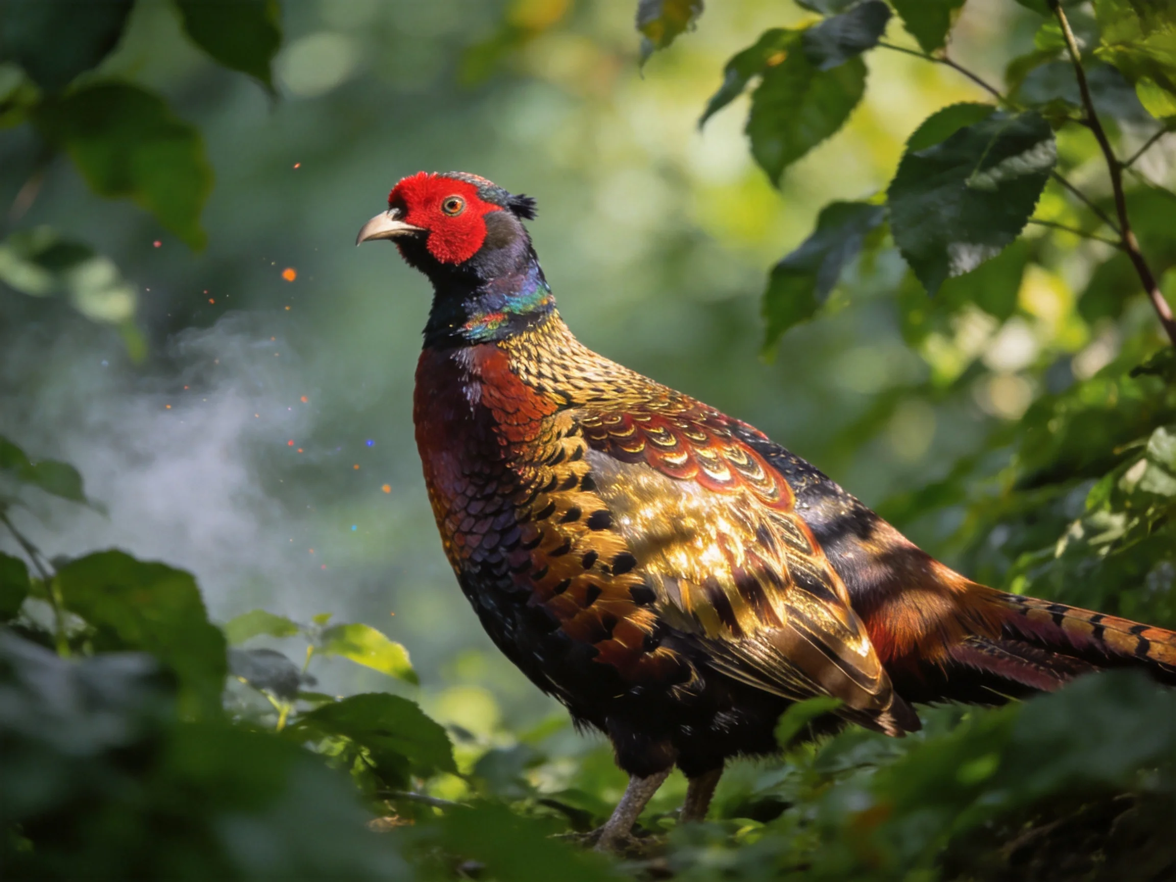 A vibrantly colored pheasant with red head in leafy surroundings