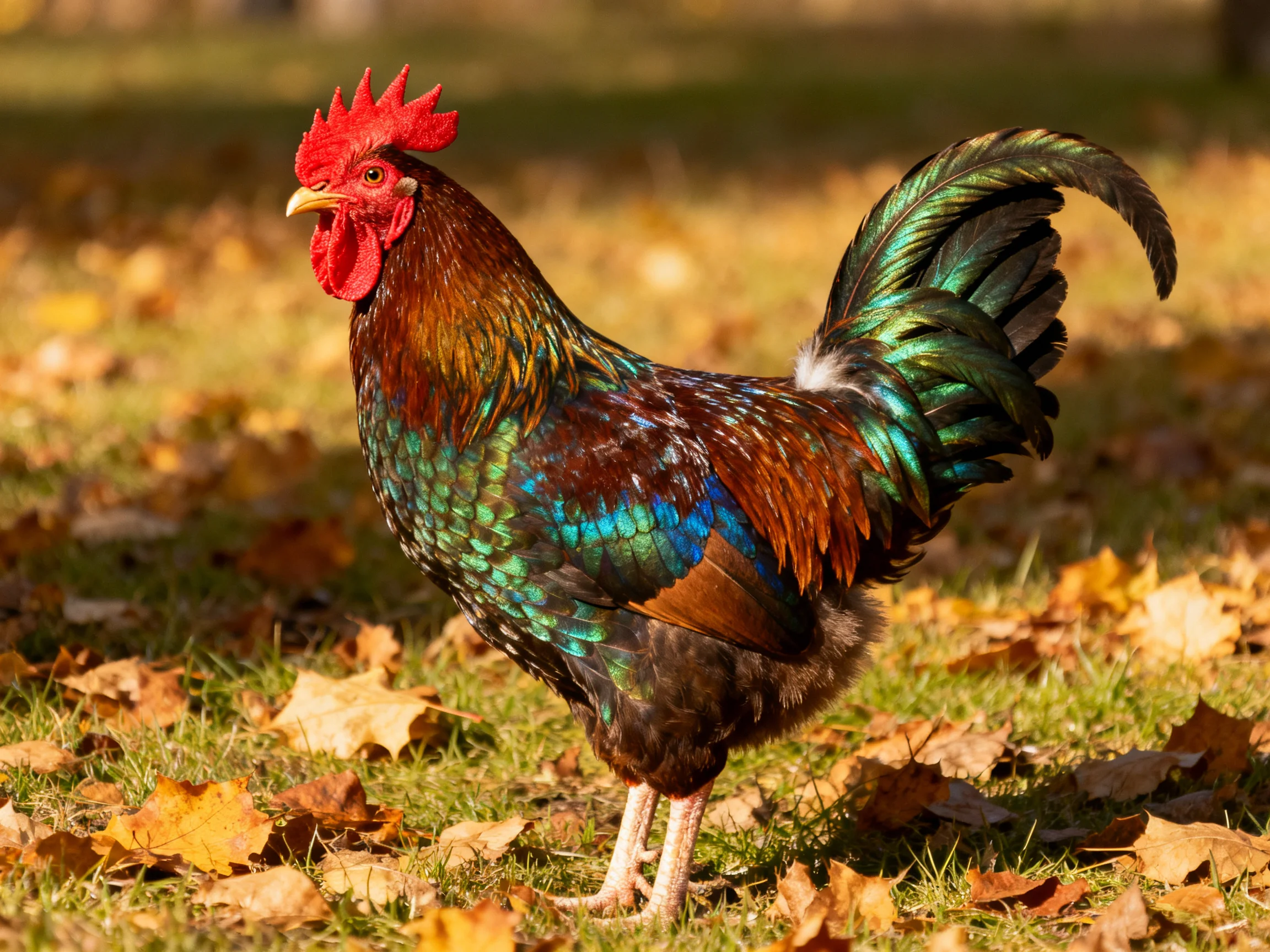 A vibrantly colored rooster among fallen autumn leaves